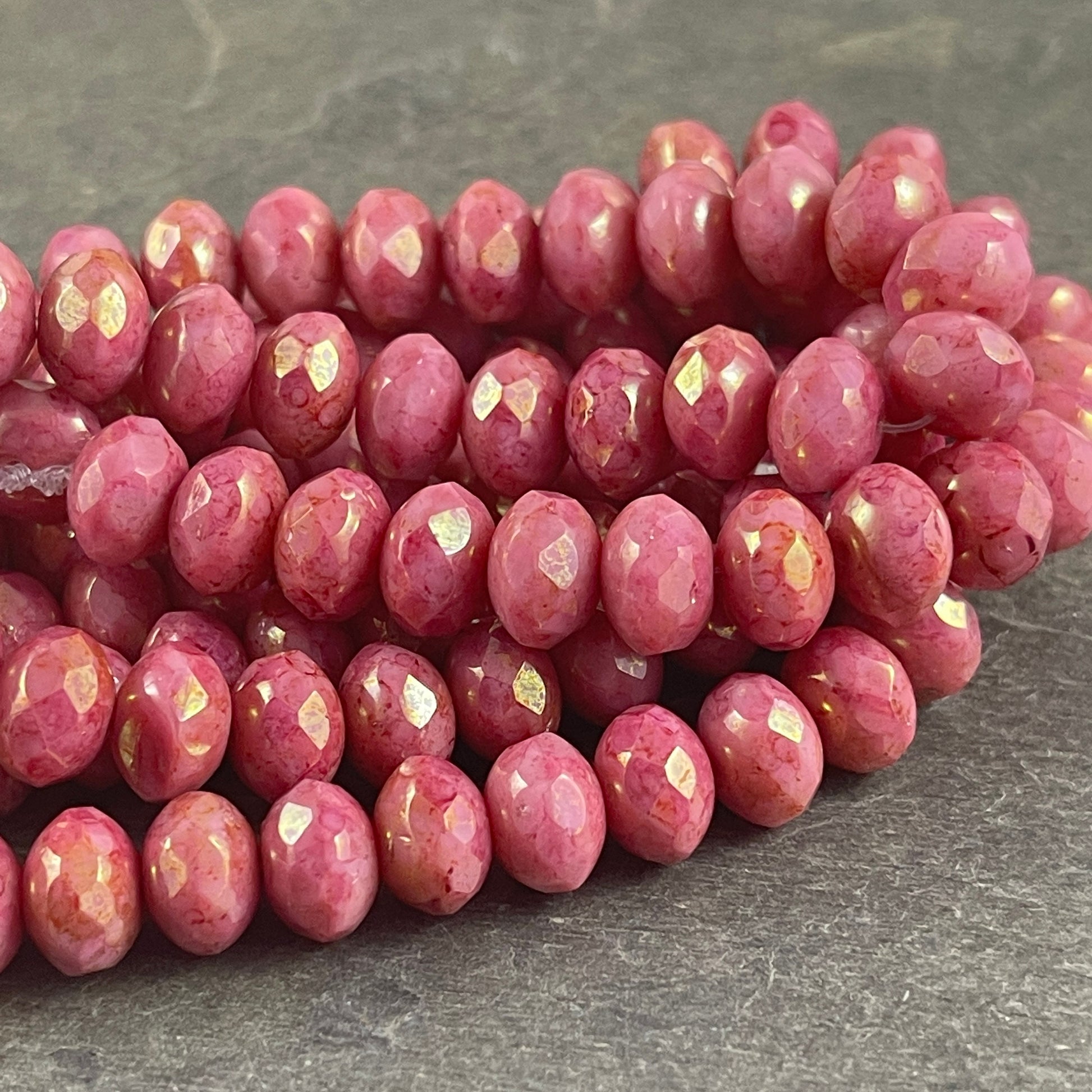 Salmon Pink Rondelles, Pink Czech Glass Beads with Golden Luster, 8x6mm Opaque Pink Faceted Rondelle (R8/N-0600) * Qty. 25