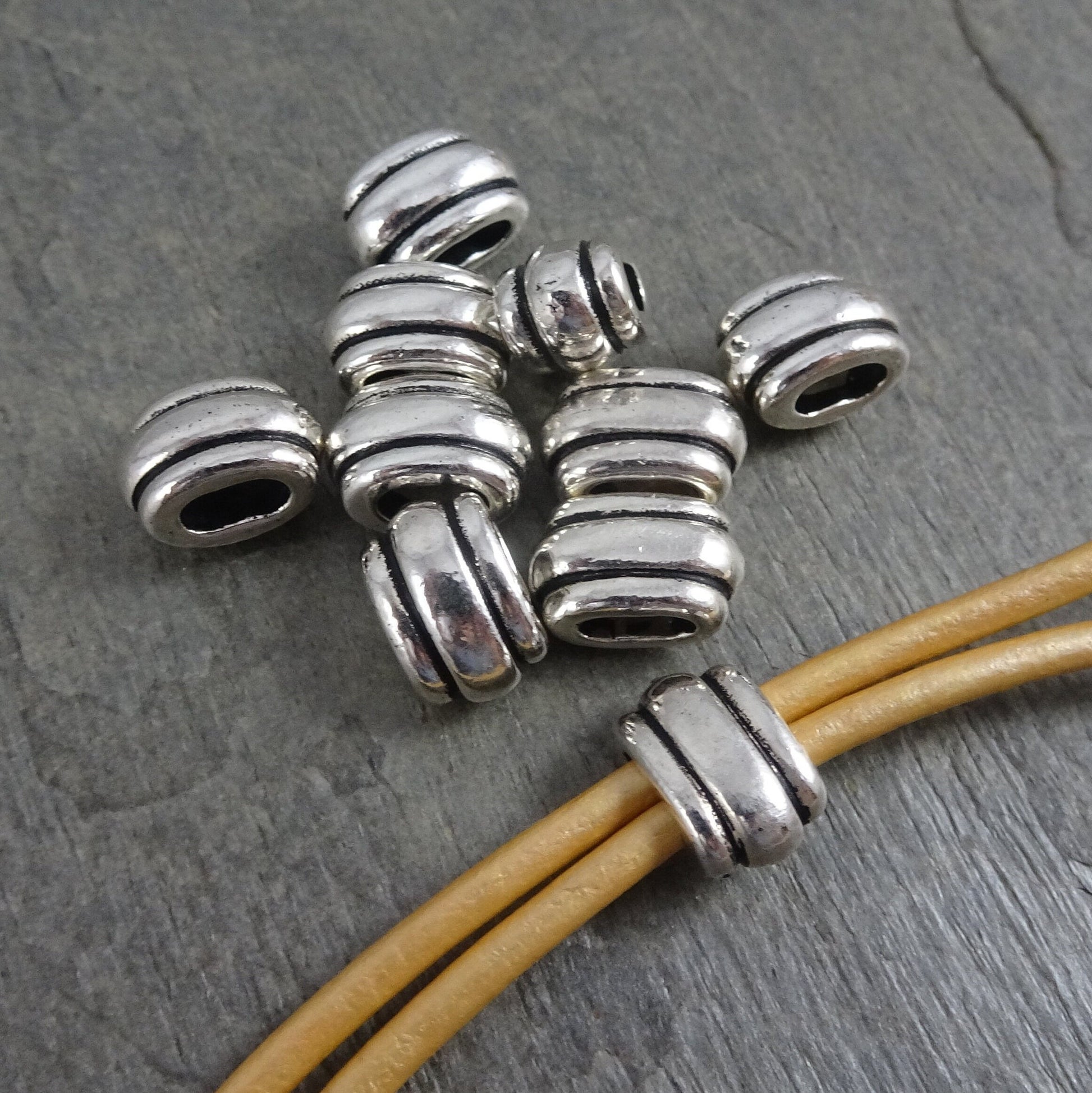 NEW TierraCast Large Hole Beads, Antiqued Silver 4x2mm Deco Barrel Bead, Crimpable for Leather or Cord (PF/883-87) * Qty. 6