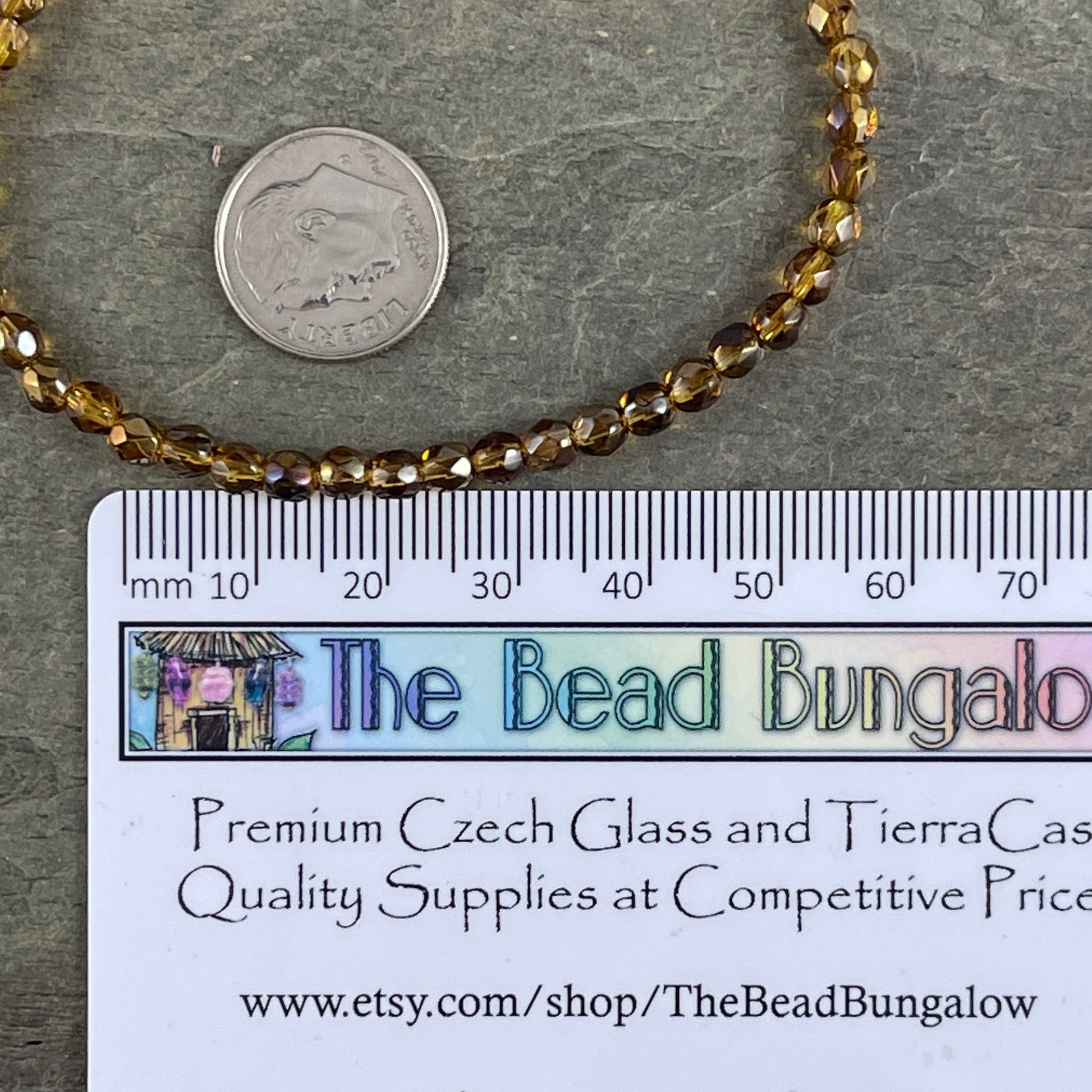 Czech Glass Beads - 4mm Fire Polished, Faceted Round Beads, Honey Golden, Topaz Luster (FP4/N-088) - Qty 50