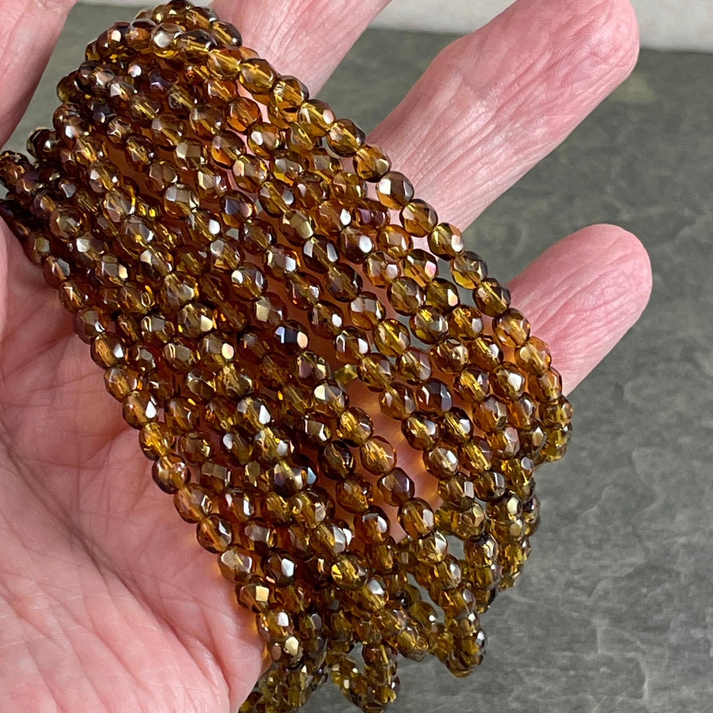 Czech Glass Beads - 4mm Fire Polished, Faceted Round Beads, Honey Golden, Topaz Luster (FP4/N-088) - Qty 50