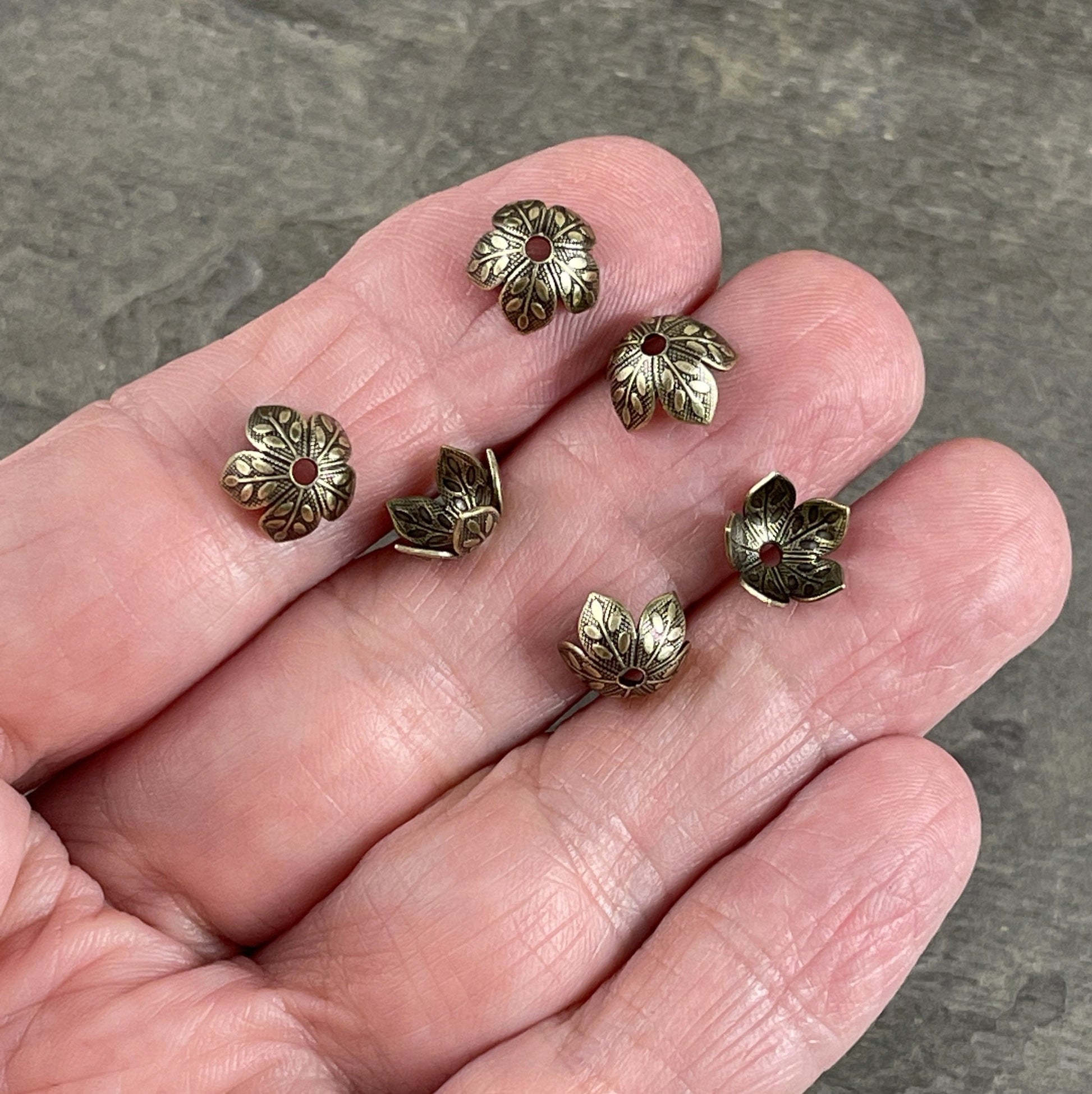 Oxidized Brass 8mm Petal Bead Caps, Brass Leaf Embossed Floral Bead Caps (BC-7903)