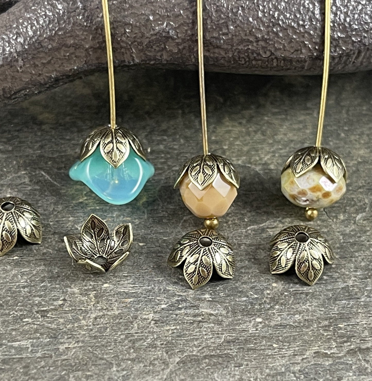 Oxidized Brass 8mm Petal Bead Caps, Brass Leaf Embossed Floral Bead Caps (BC-7903)