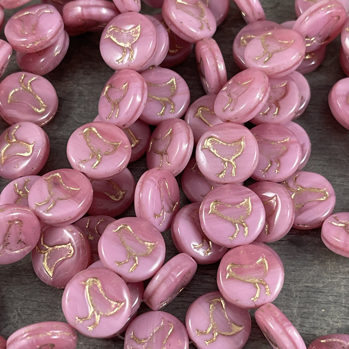 Czech Glass Beads - Pink Glass Beads, Bird Theme, Nature Beads, Silky Pastel Pink 12mm Coin Beads (COIN/RJ-4718) * Qty. 15