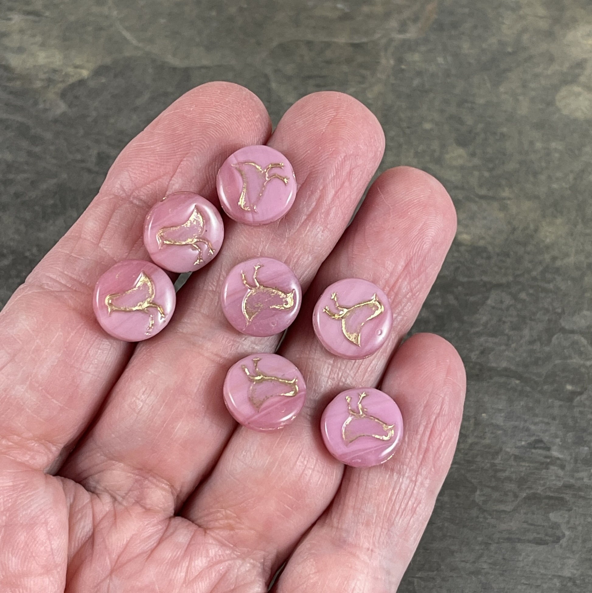 Czech Glass Beads - Pink Glass Beads Bird Theme Nature Beads Silky Pastel Pink Czech Beads 12mm Coin Beads (COIN/RJ-4718) * Qty. 10