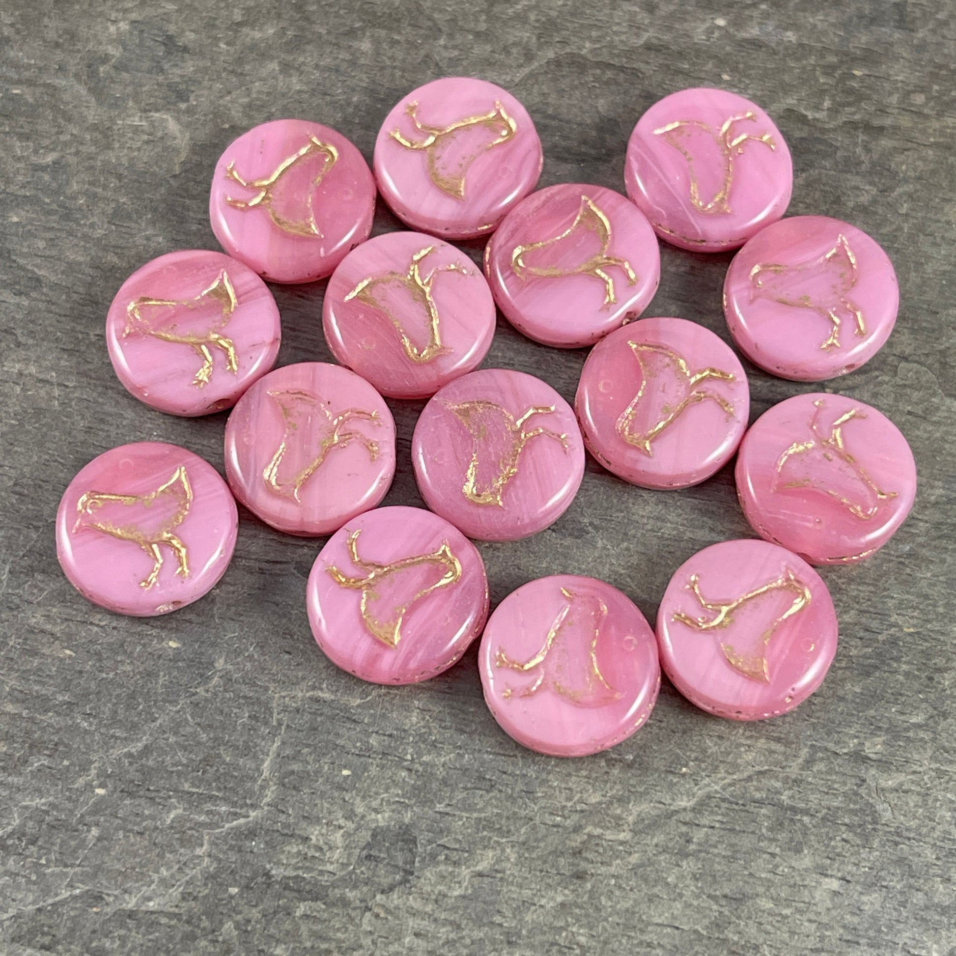 Czech Glass Beads - Pink Glass Beads Bird Theme Nature Beads Silky Pastel Pink Czech Beads 12mm Coin Beads (COIN/RJ-4718) * Qty. 10