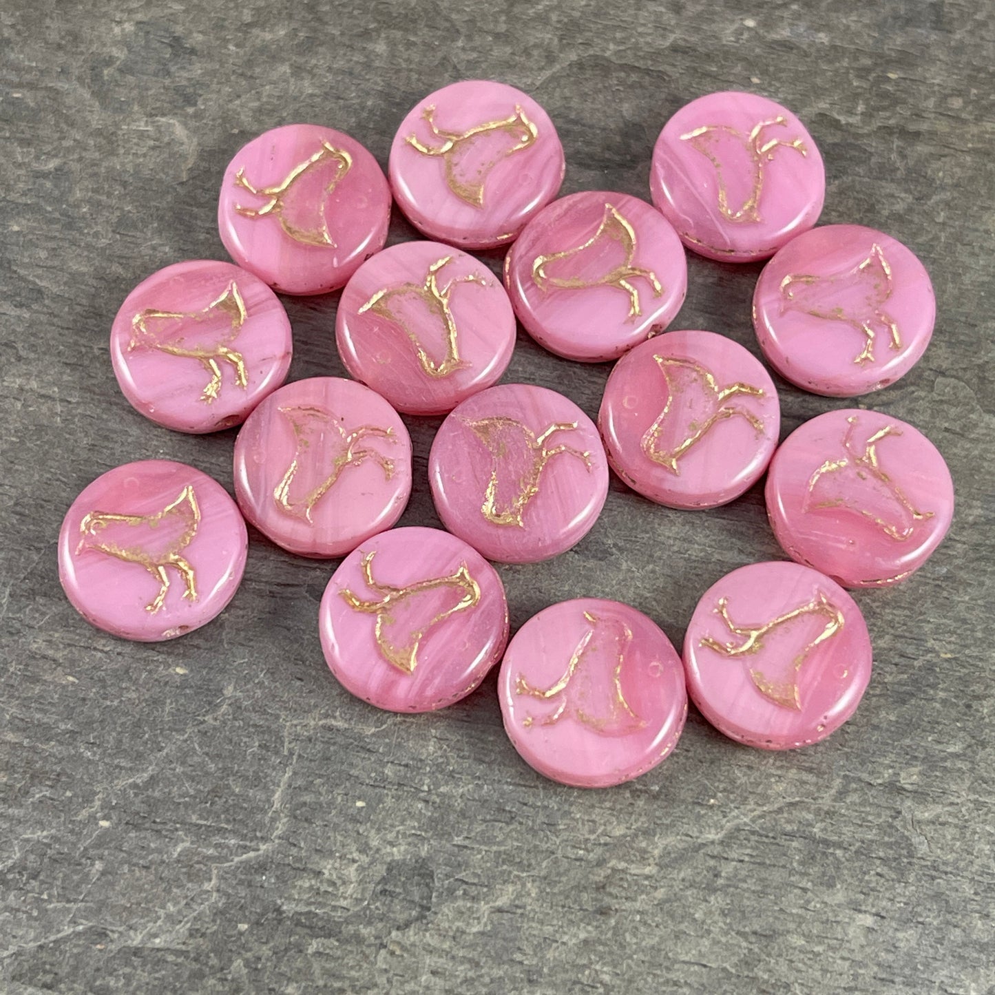 Czech Glass Beads - Pink Glass Beads, Bird Theme, Nature Beads, Silky Pastel Pink 12mm Coin Beads (COIN/RJ-4718) * Qty. 15