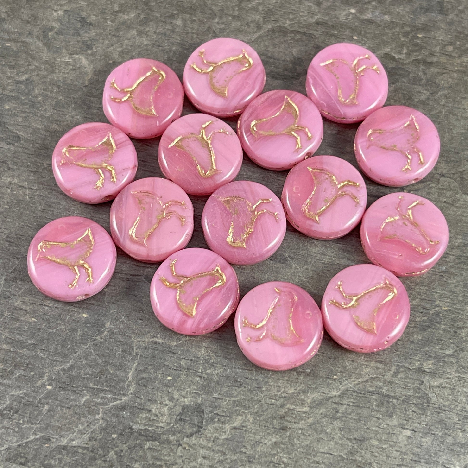 Czech Glass Beads - Pink Glass Beads, Bird Theme, Nature Beads, Silky Pastel Pink 12mm Coin Beads (COIN/RJ-4718) * Qty. 15