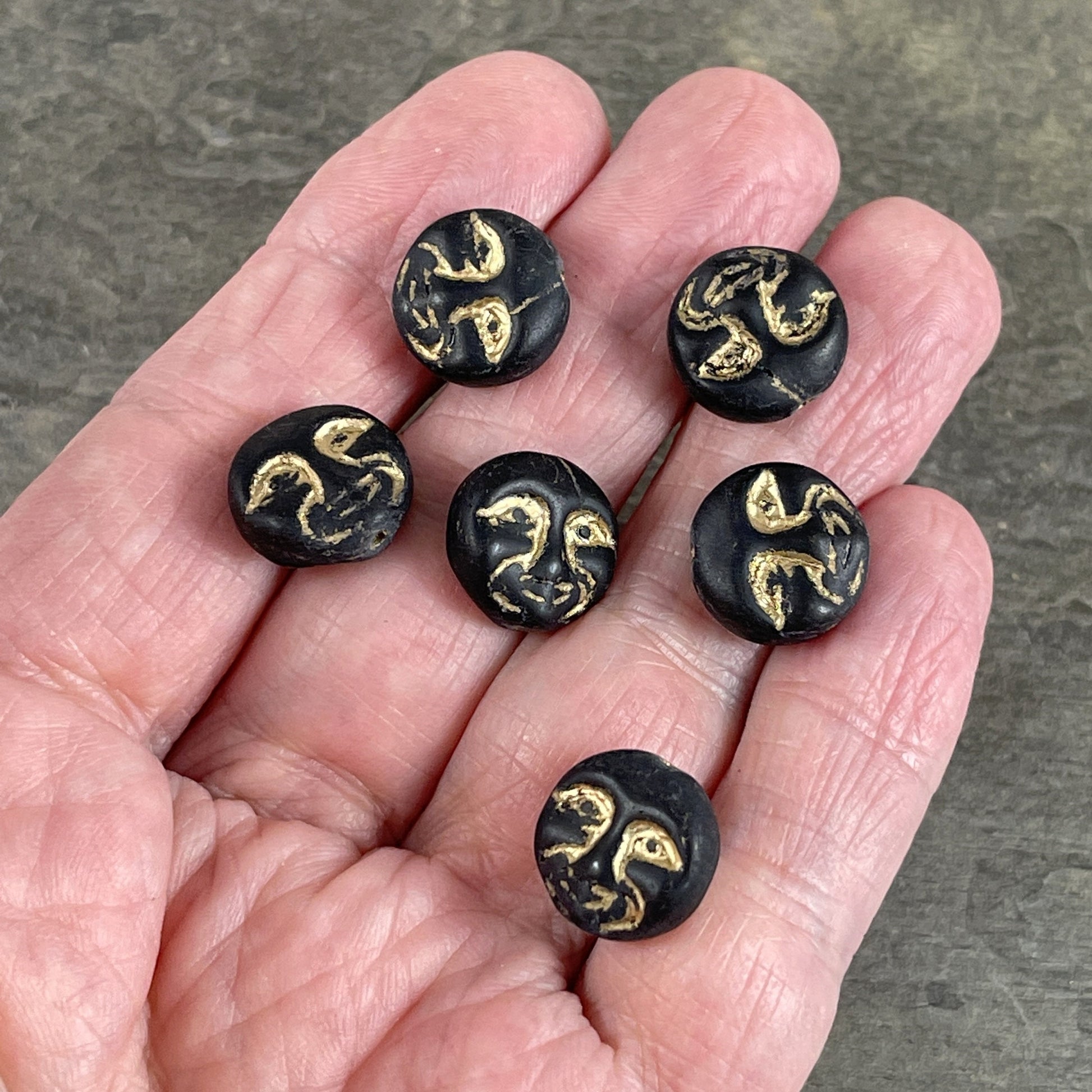 Black Matte Glass Man in the Moon Moon Face Beads Czech Glass Moon Beads Matte Opaque Black with Gold Wash (MOON/RJ-4740) * Qty. 8