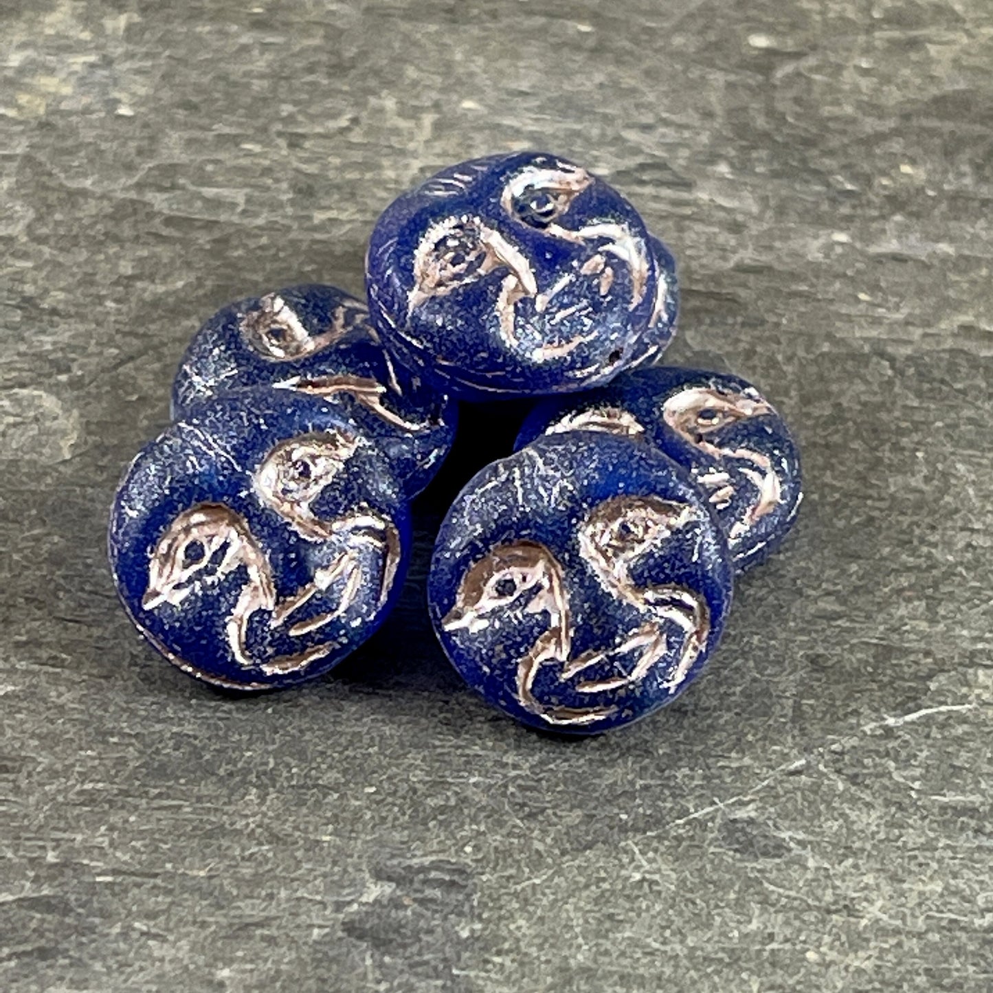 Czech Glass Beads - Dark Blue Man in the Moon, Moon Face Beads, Matte Cobalt Glass with Platinum Wash (MOON/RJ-4749) * Qty. 8