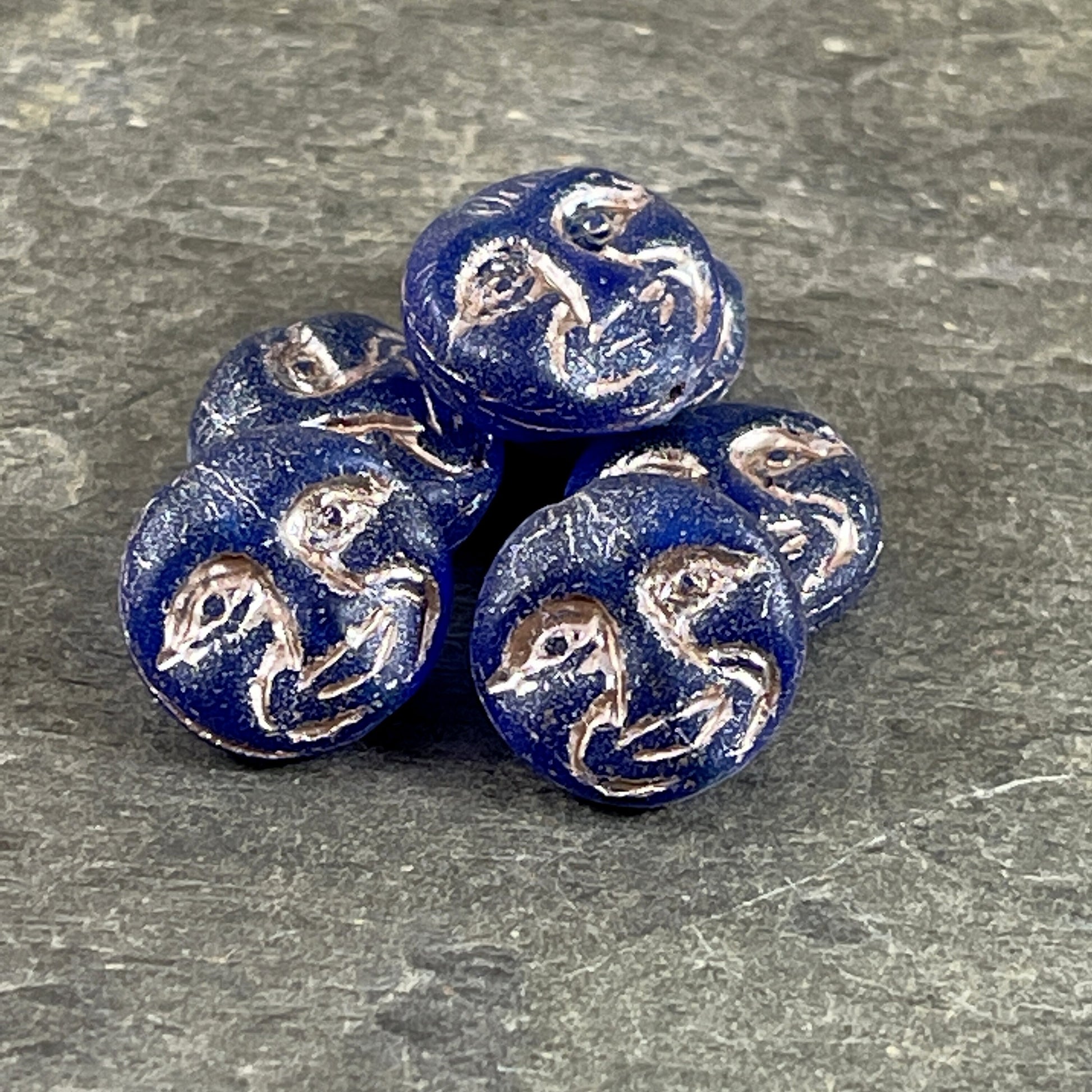 Czech Glass Beads - Dark Blue Man in the Moon, Moon Face Beads, Matte Cobalt Glass with Platinum Wash (MOON/RJ-4749) * Qty. 8