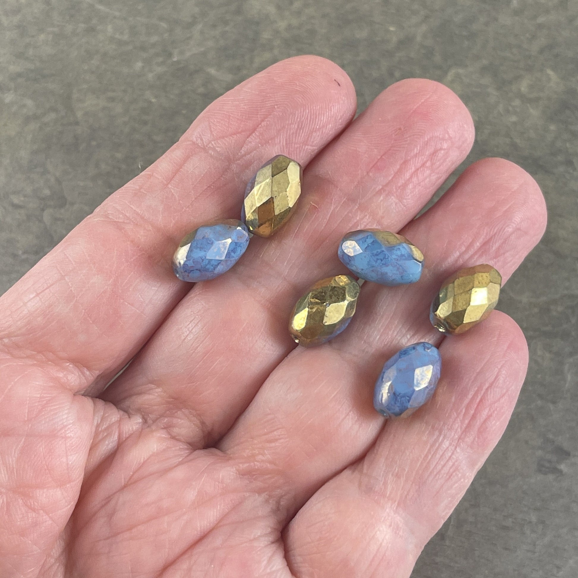 Czech Glass Beads - Cornflower and Gold 12mm Faceted Oval Beads, Cornflower Blue with Hyacinth and Gold Finishes (FOV/N-0480) * Qty. 6