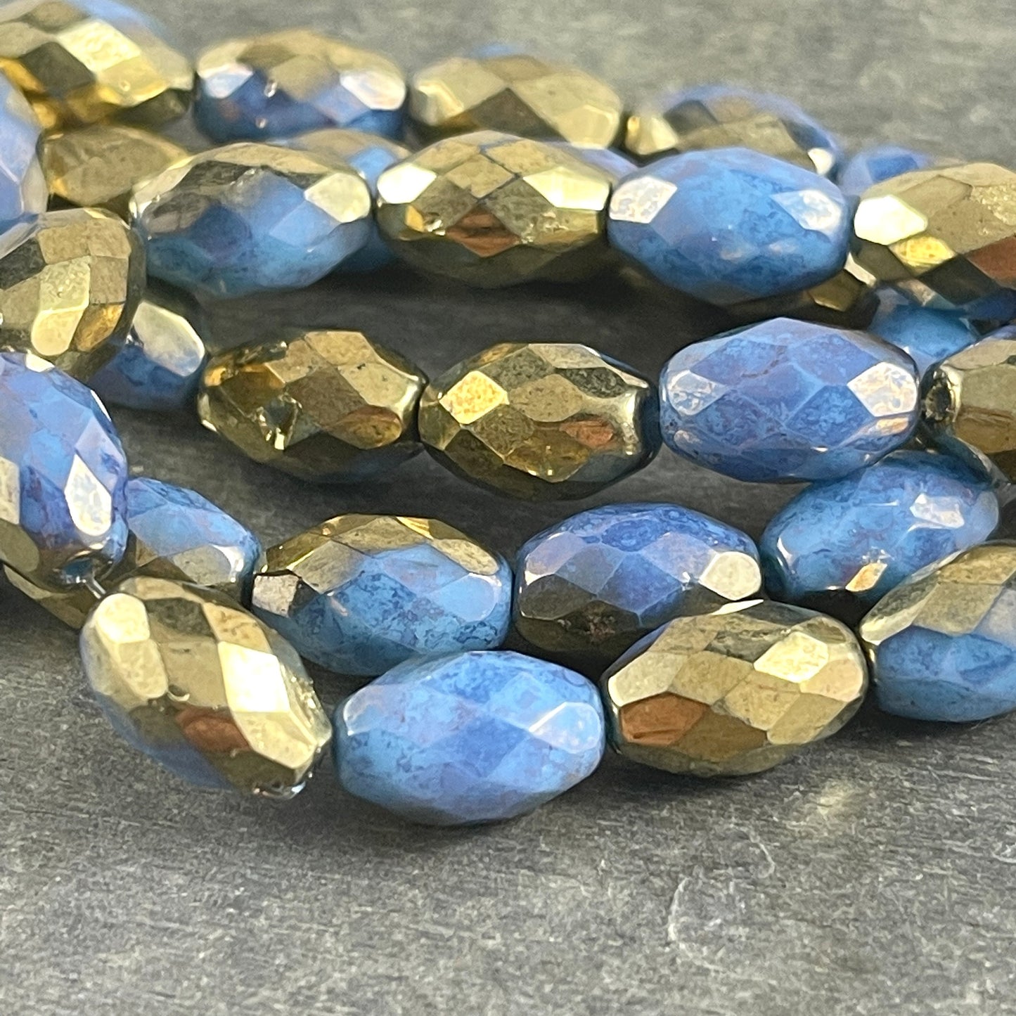 Czech Glass Beads - Cornflower and Gold 12mm Faceted Oval Beads, Cornflower Blue with Hyacinth and Gold Finishes (FOV/N-0480) * Qty. 6