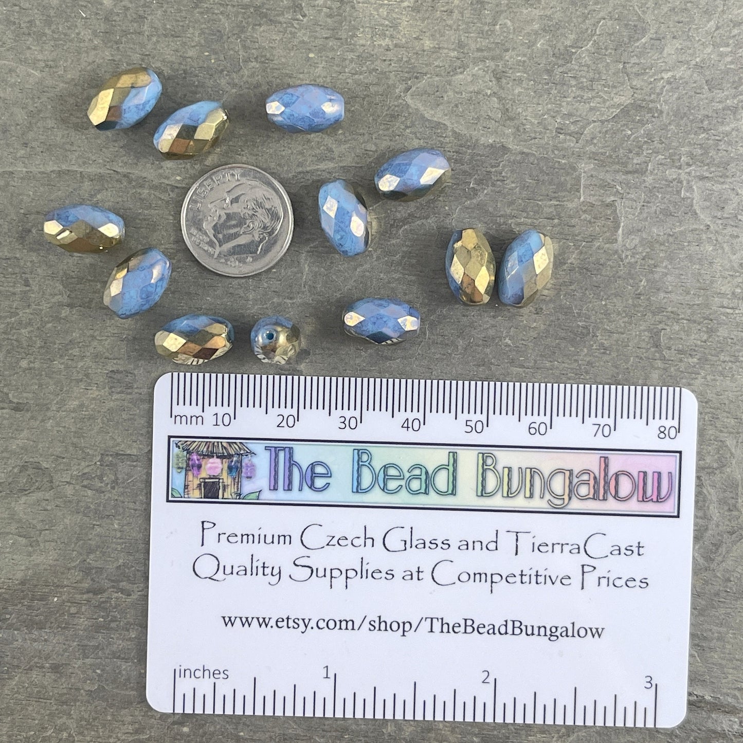 Czech Glass Beads - Cornflower and Gold 12mm Faceted Oval Beads, Cornflower Blue with Hyacinth and Gold Finishes (FOV/N-0480) * Qty. 6