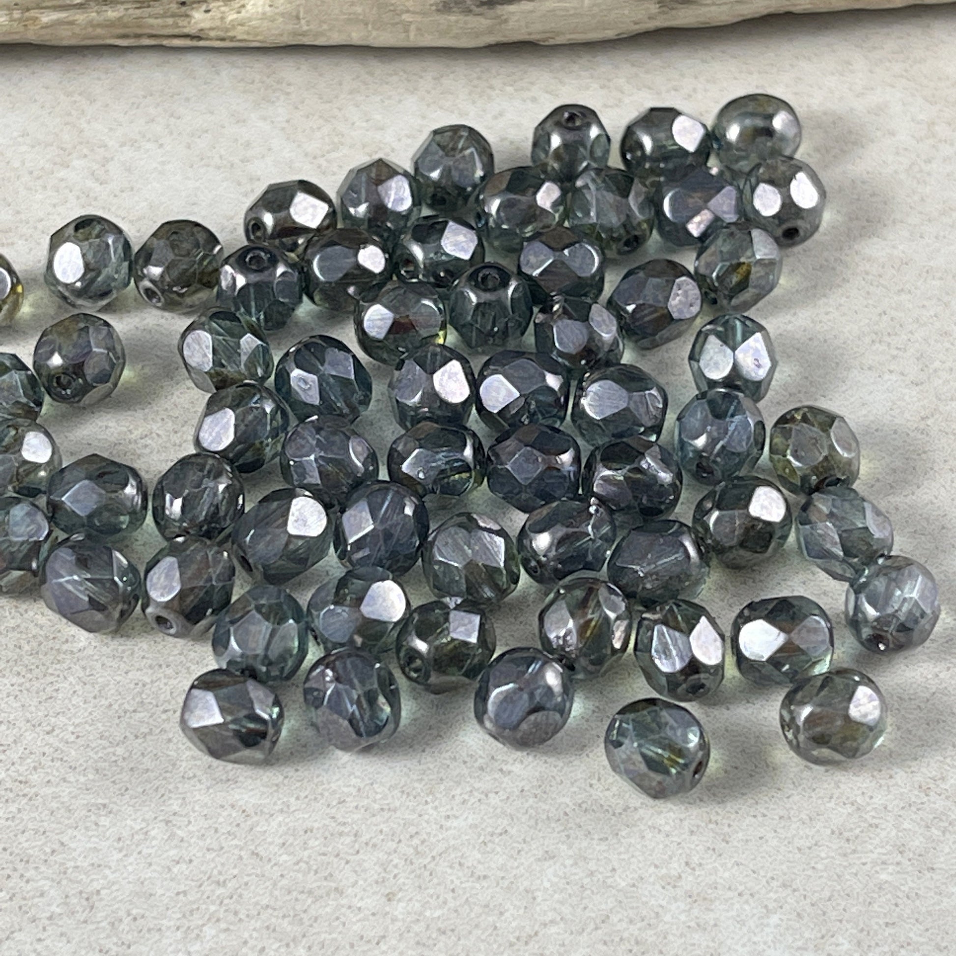 Dark Green Luster 6mm Czech Glass Beads 6mm Faceted Round Beads - Transparent Gray/Green Luster Picasso (FP6/SM-65431) * Qty 25