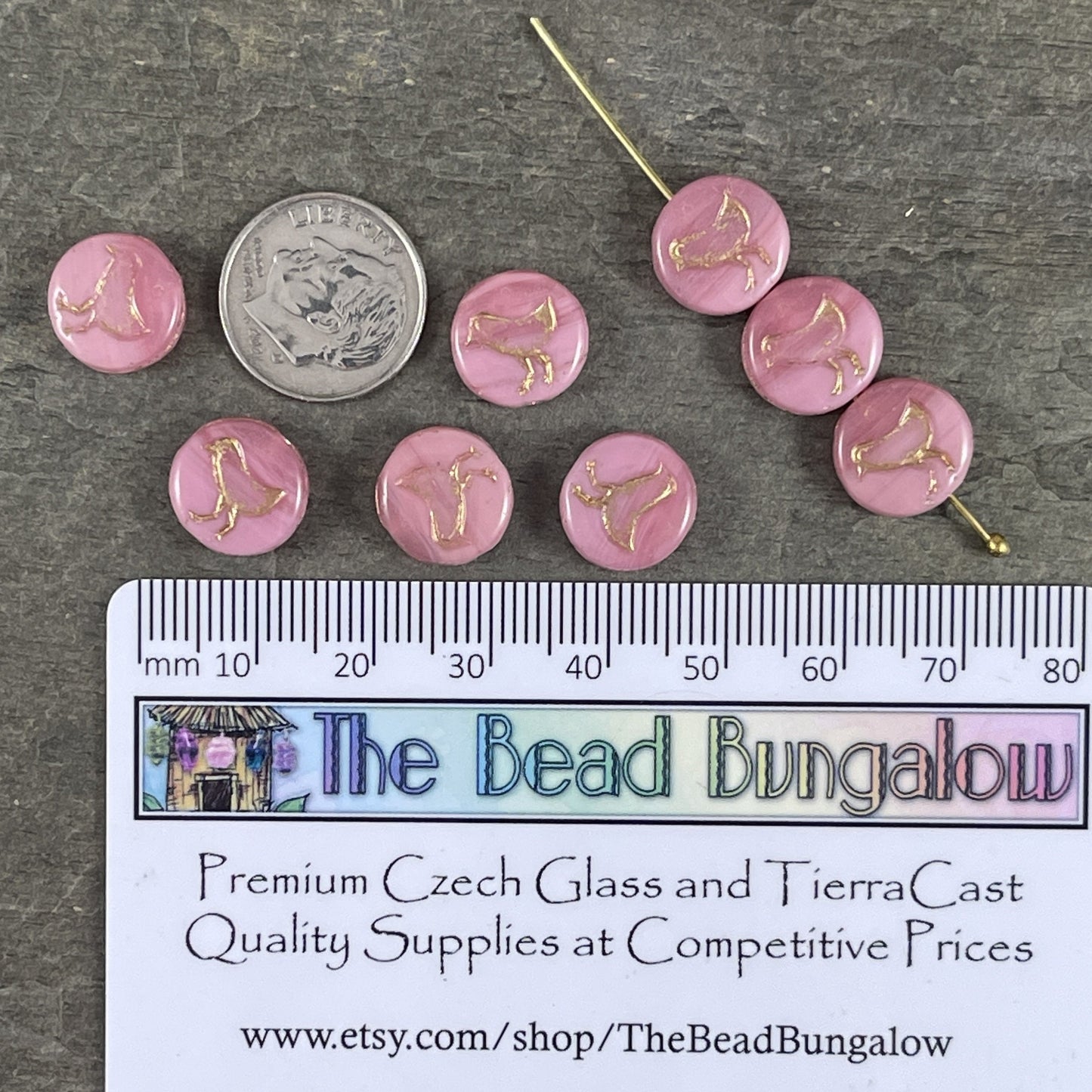 Czech Glass Beads - Pink Glass Beads Bird Theme Nature Beads Silky Pastel Pink Czech Beads 12mm Coin Beads (COIN/RJ-4718) * Qty. 10