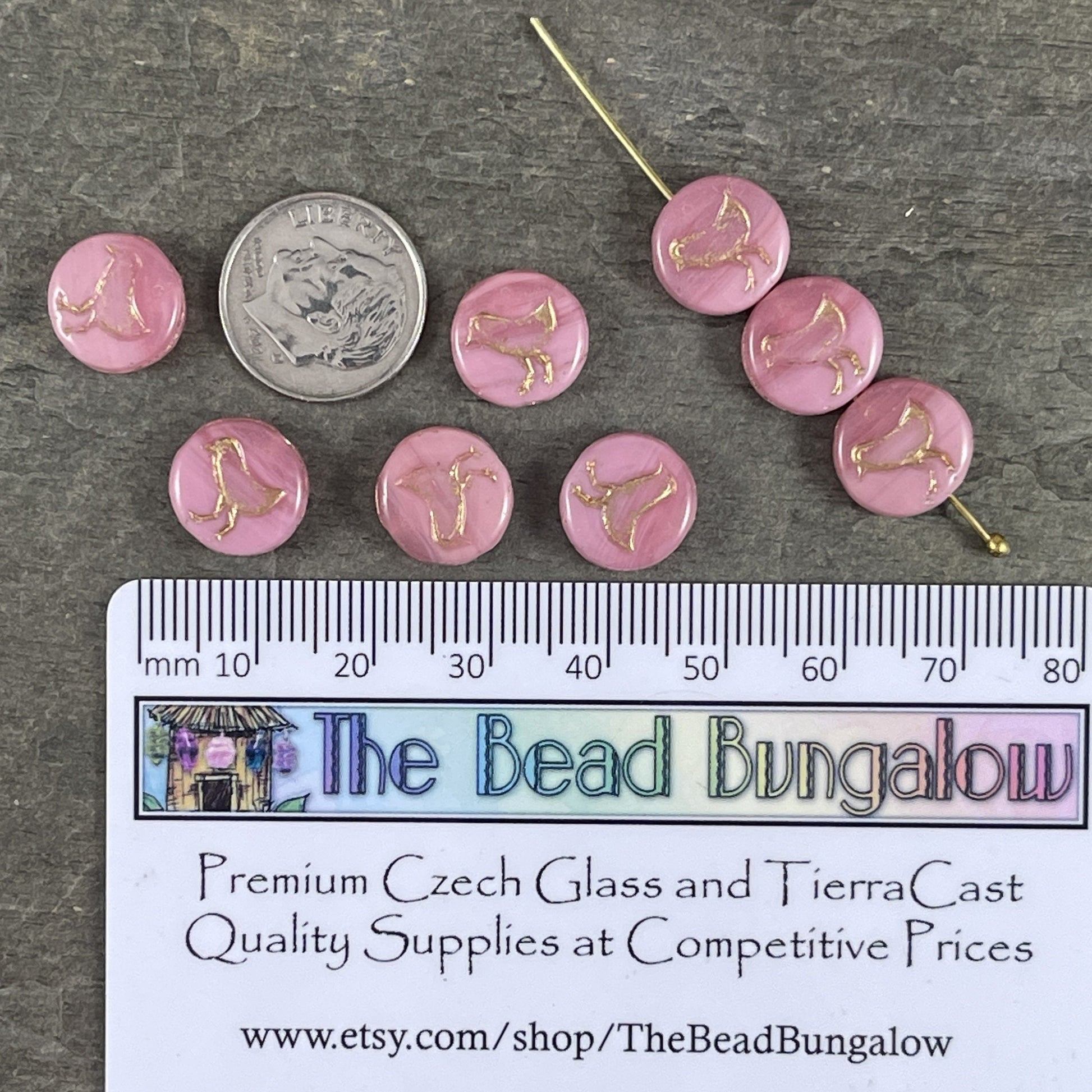 Czech Glass Beads - Pink Glass Beads Bird Theme Nature Beads Silky Pastel Pink Czech Beads 12mm Coin Beads (COIN/RJ-4718) * Qty. 10