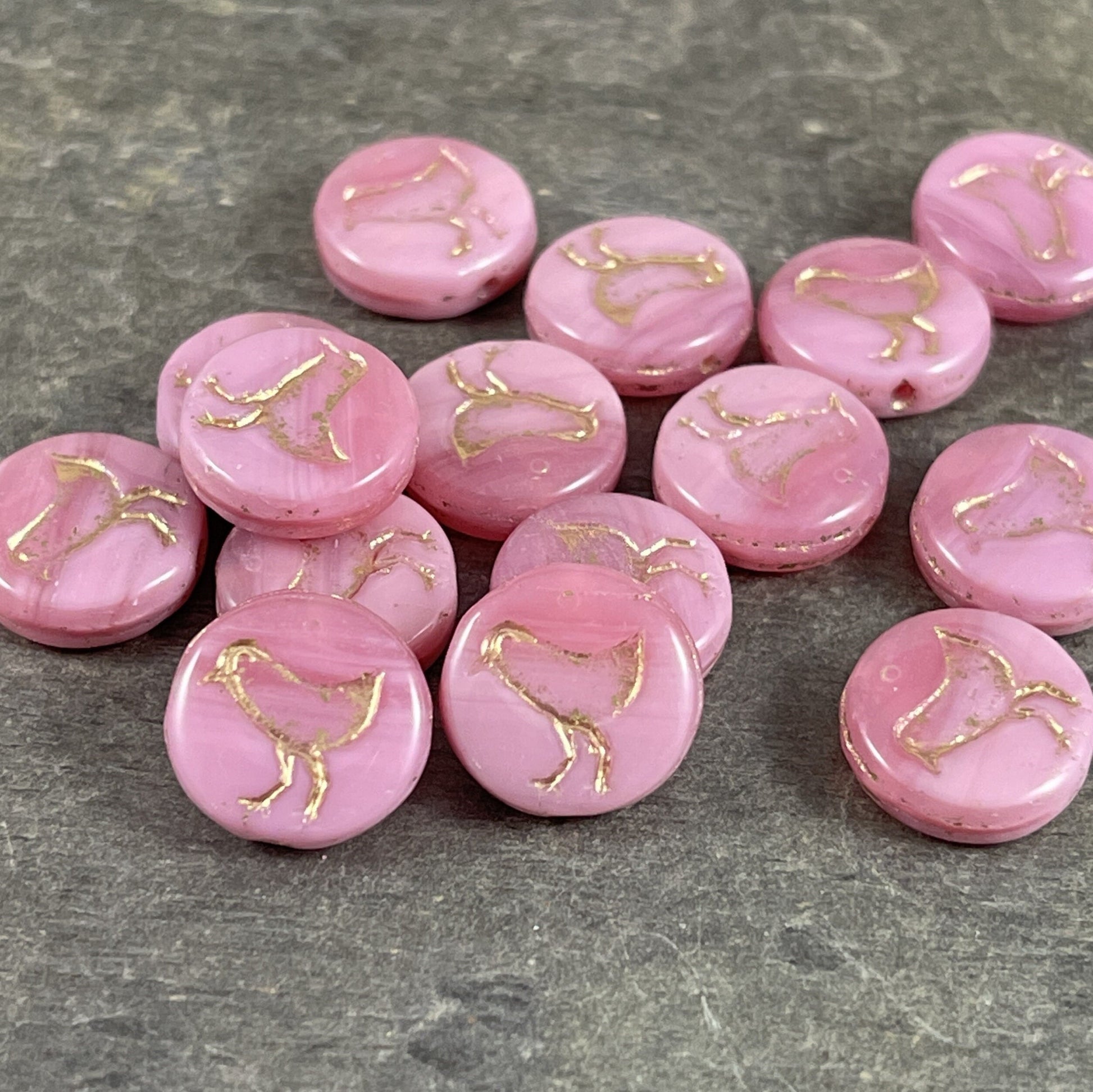 Czech Glass Beads - Pink Glass Beads Bird Theme Nature Beads Silky Pastel Pink Czech Beads 12mm Coin Beads (COIN/RJ-4718) * Qty. 10