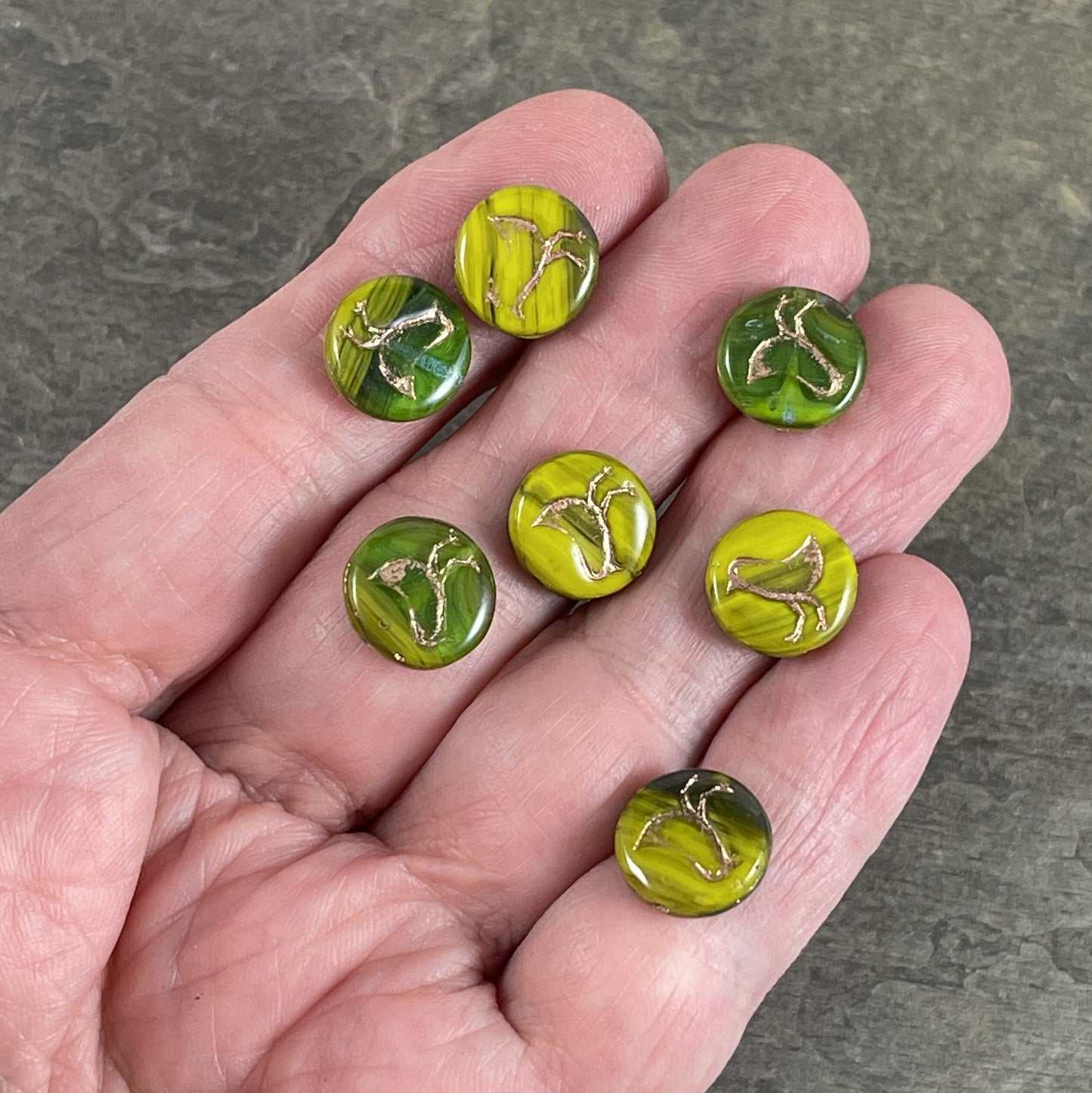 Two-Tone Green Czech Glass Coin Beads Bird Theme Nature Beads Emerald and Chartreuse Green 12mm Coin Beads (COIN/RJ-4706) * Qty. 10