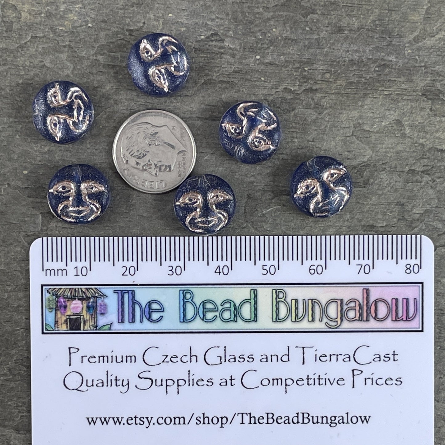Czech Glass Beads - Dark Blue Man in the Moon, Moon Face Beads, Matte Cobalt Glass with Platinum Wash (MOON/RJ-4749) * Qty. 8