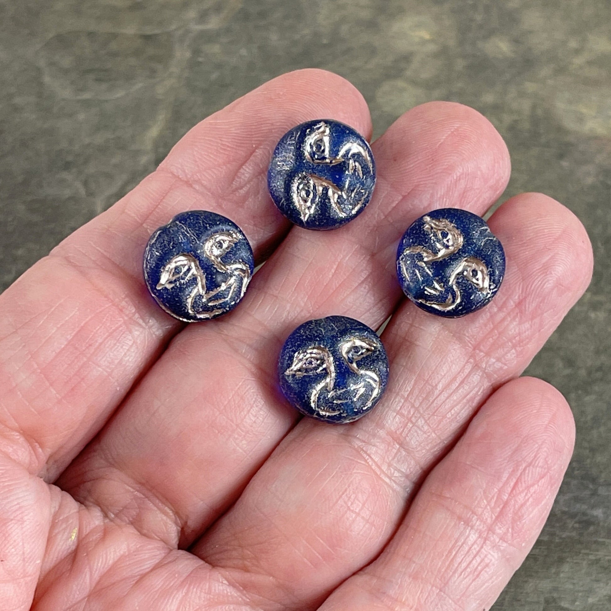Czech Glass Beads - Dark Blue Man in the Moon, Moon Face Beads, Matte Cobalt Glass with Platinum Wash (MOON/RJ-4749) * Qty. 8