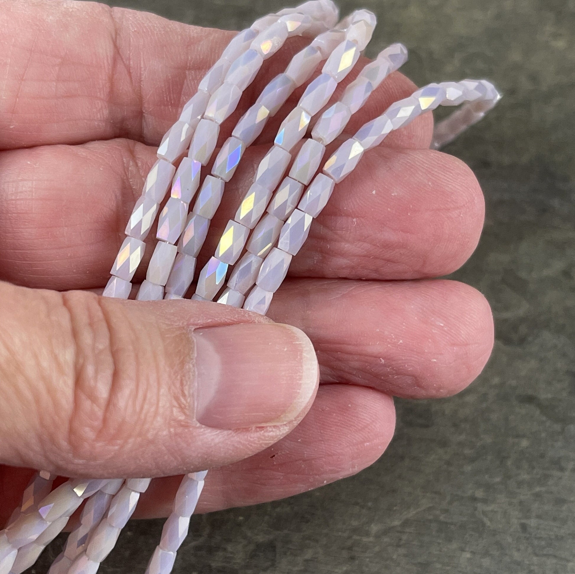 5mm Faceted Tube Beads, Opaque Beige with AB Finish, 5x3mm Beige AB Glass Beads (FGT-BeigeAB) * 18" Strand