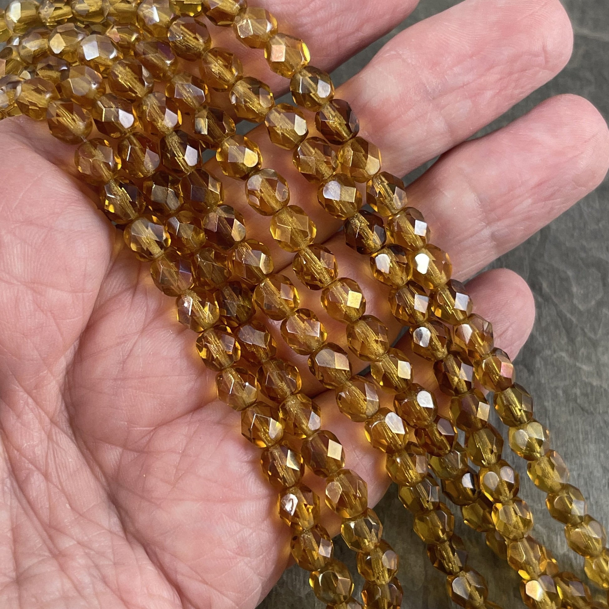 6mm Honey Gold Czech Glass Faceted Round Beads ~ 6mm Gold Topaz Beads ~ Twilight Topaz Transparent Gold (FP6/SM-W1006) * Qty. 25