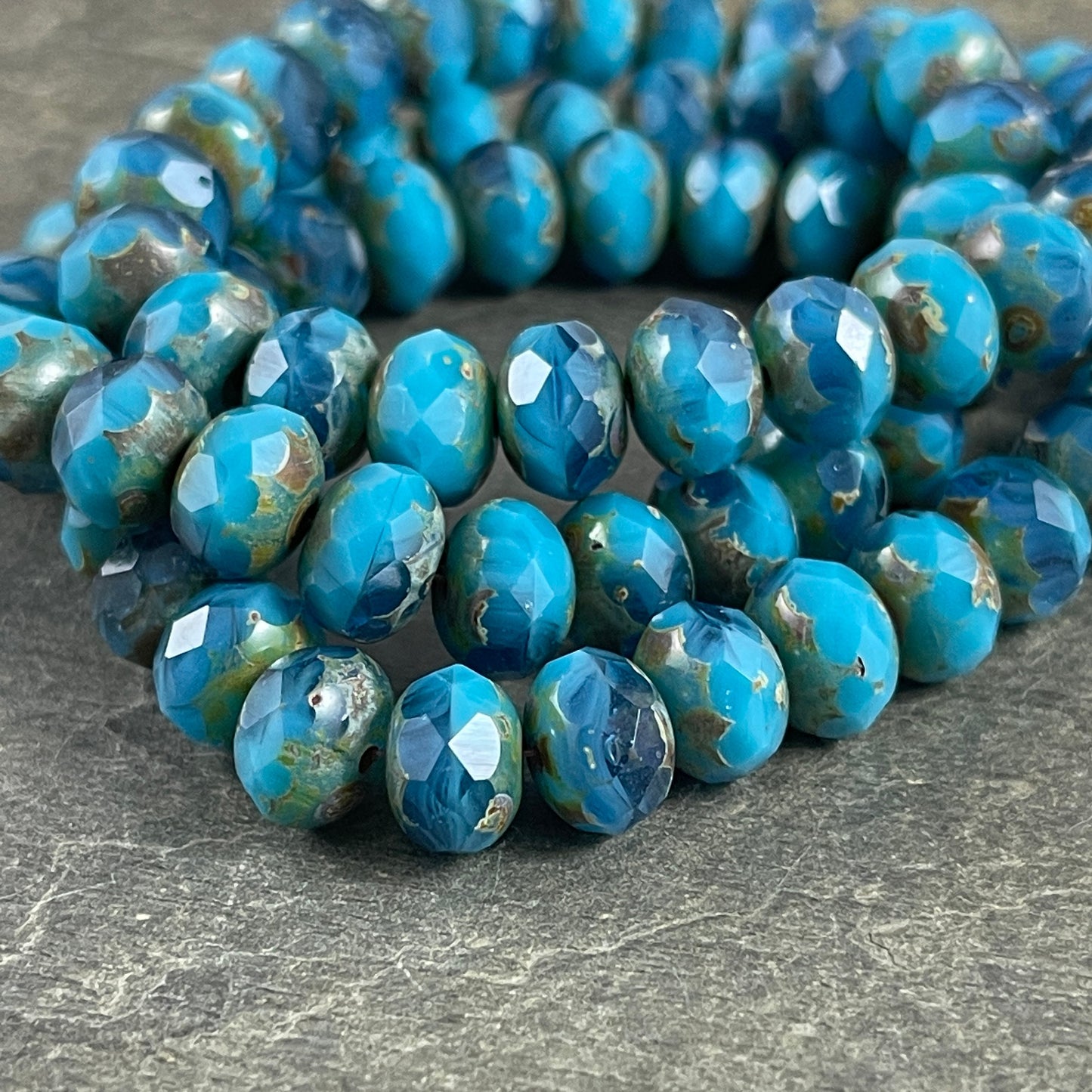 Czech Glass Beads - 8x6mm Faceted Rondelles, Turquoise and Capri Blue with Picasso Finish (R8/RJ-2743) * 25 Beads