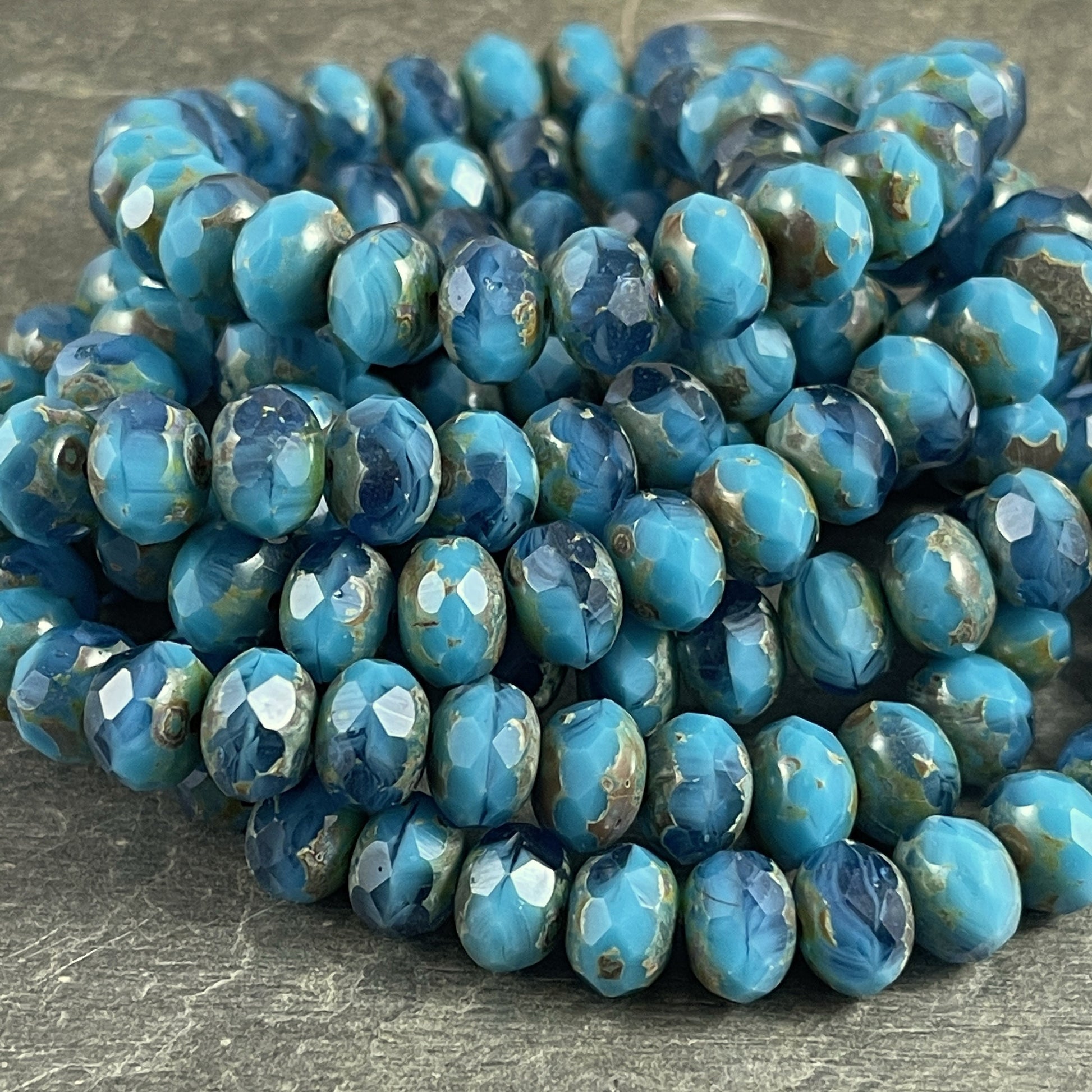 Czech Glass Beads - 8x6mm Faceted Rondelles, Turquoise and Capri Blue with Picasso Finish (R8/RJ-2743) * 25 Beads