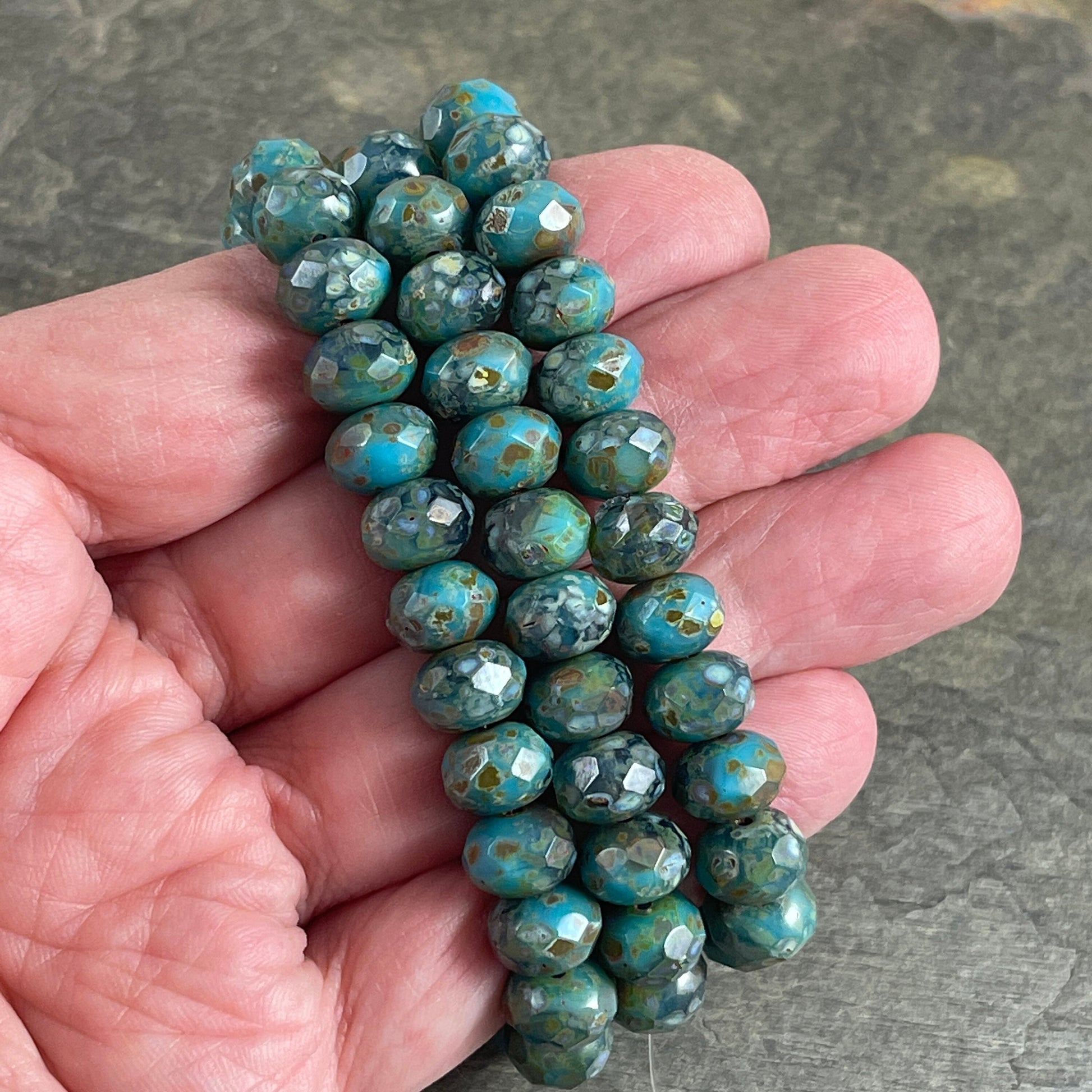 Teal Turquoise and Montana Blue with Full Picasso 8x6mm Rondelle Czech Glass Beads - Multi Color Blues with Picasso Finish (R8/RJ-2734) *