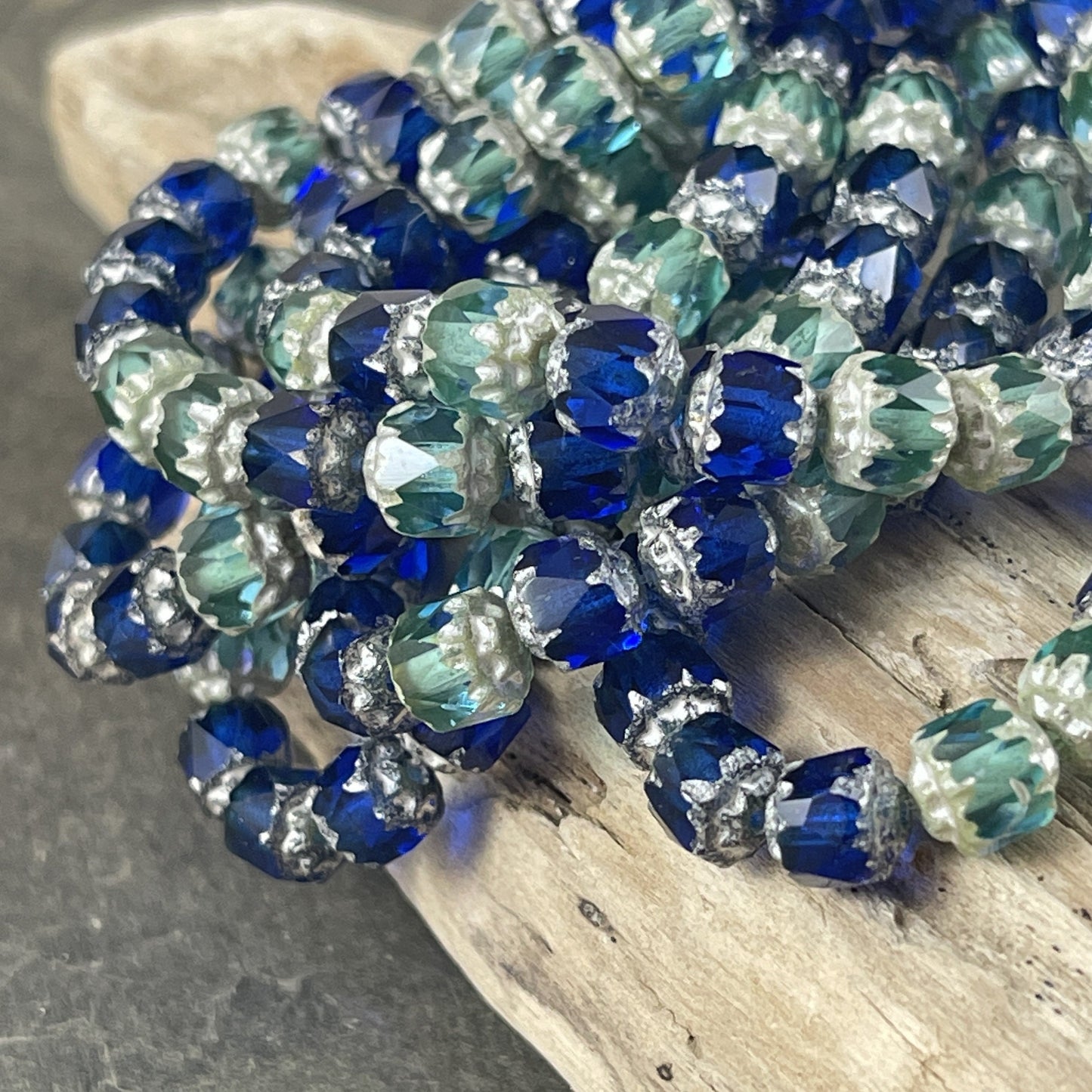 Sapphire and Aqua Cathedral Beads 6mm Faceted Czech Glass Beads Sapphire Blue and Aqua with Silver Finish (CT6/N-011) * Qty. 20