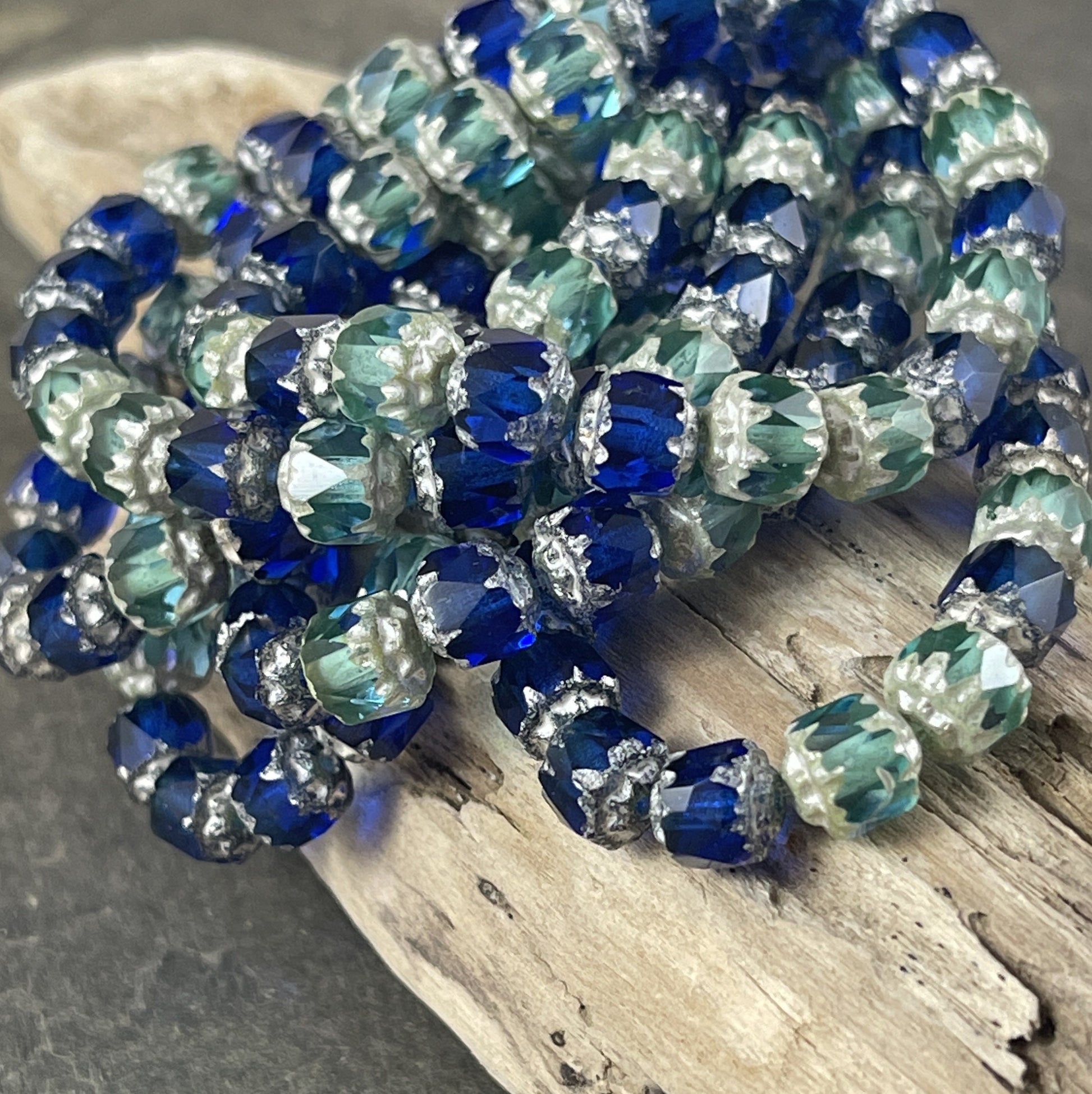 Sapphire and Aqua Cathedral Beads 6mm Faceted Czech Glass Beads Sapphire Blue and Aqua with Silver Finish (CT6/N-011) * Qty. 20