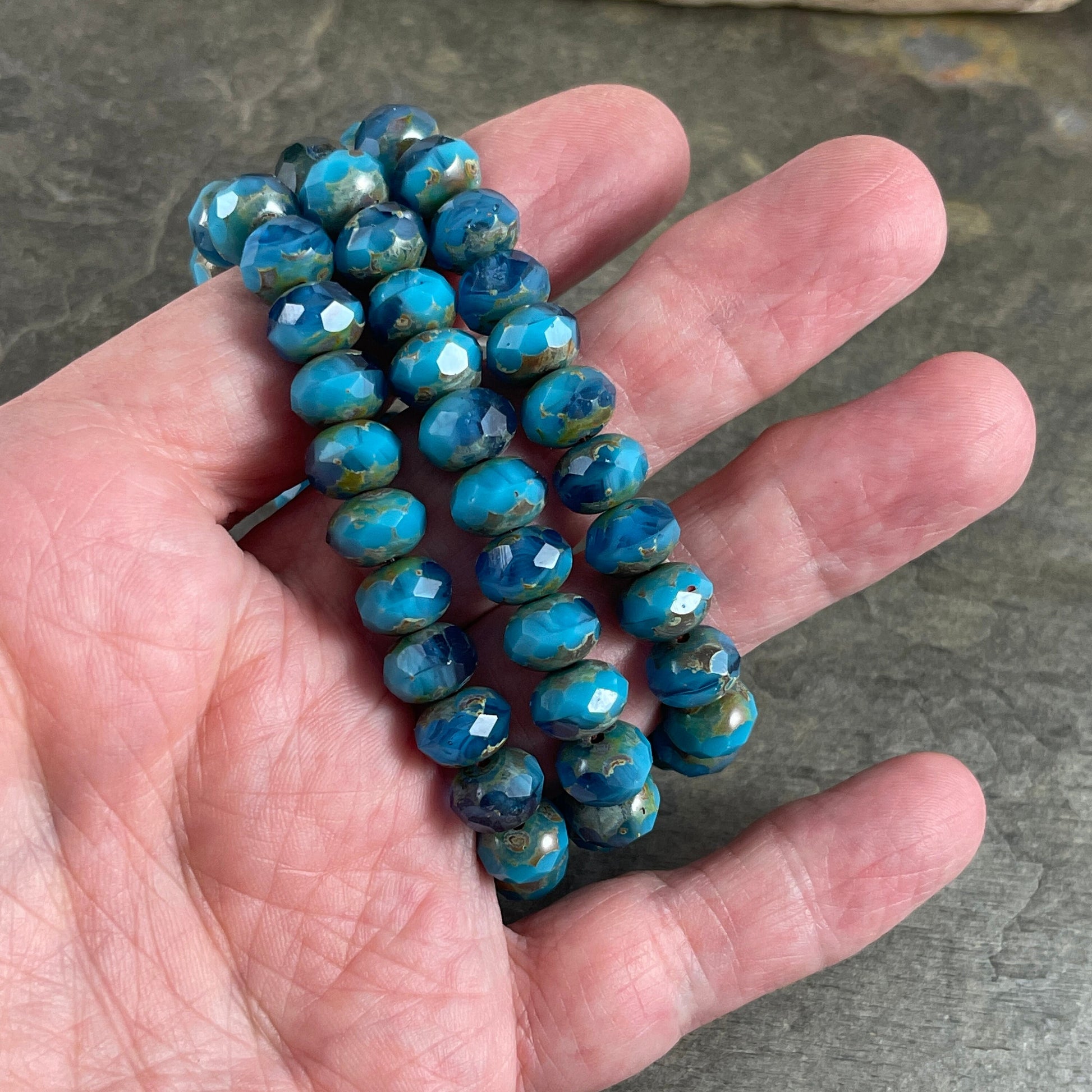 Turquoise Blue Rondelles Czech Beads 8x6mm Rondelle Czech Glass Beads - Turquoise and Capri Blue with Picasso Finish (R8/RJ-2743) *