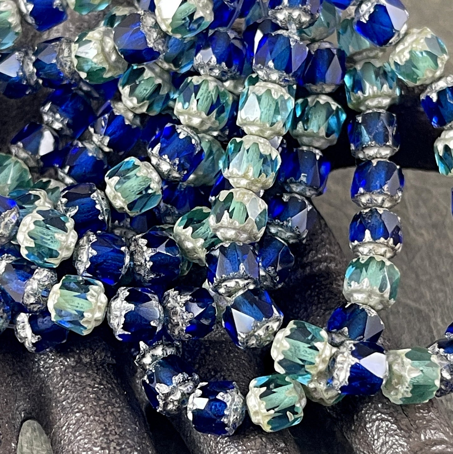 Sapphire and Aqua Cathedral Beads 6mm Faceted Czech Glass Beads Sapphire Blue and Aqua with Silver Finish (CT6/N-011) * Qty. 20