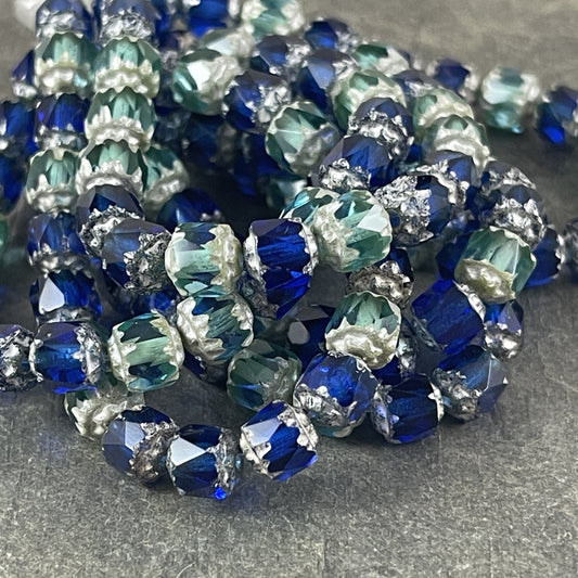 Sapphire and Aqua Cathedral Beads 6mm Faceted Czech Glass Beads Sapphire Blue and Aqua with Silver Finish (CT6/N-011) * Qty. 20