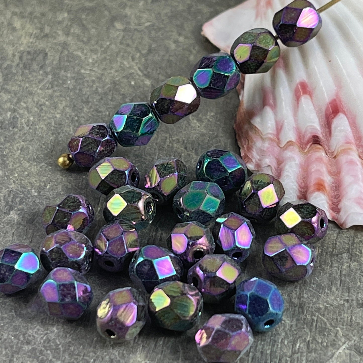 Multi-colored Purple Iris 6mm Beads, Metallic Czech Glass Beads, Faceted Round Beads (FP6-21495) * Qty. 50