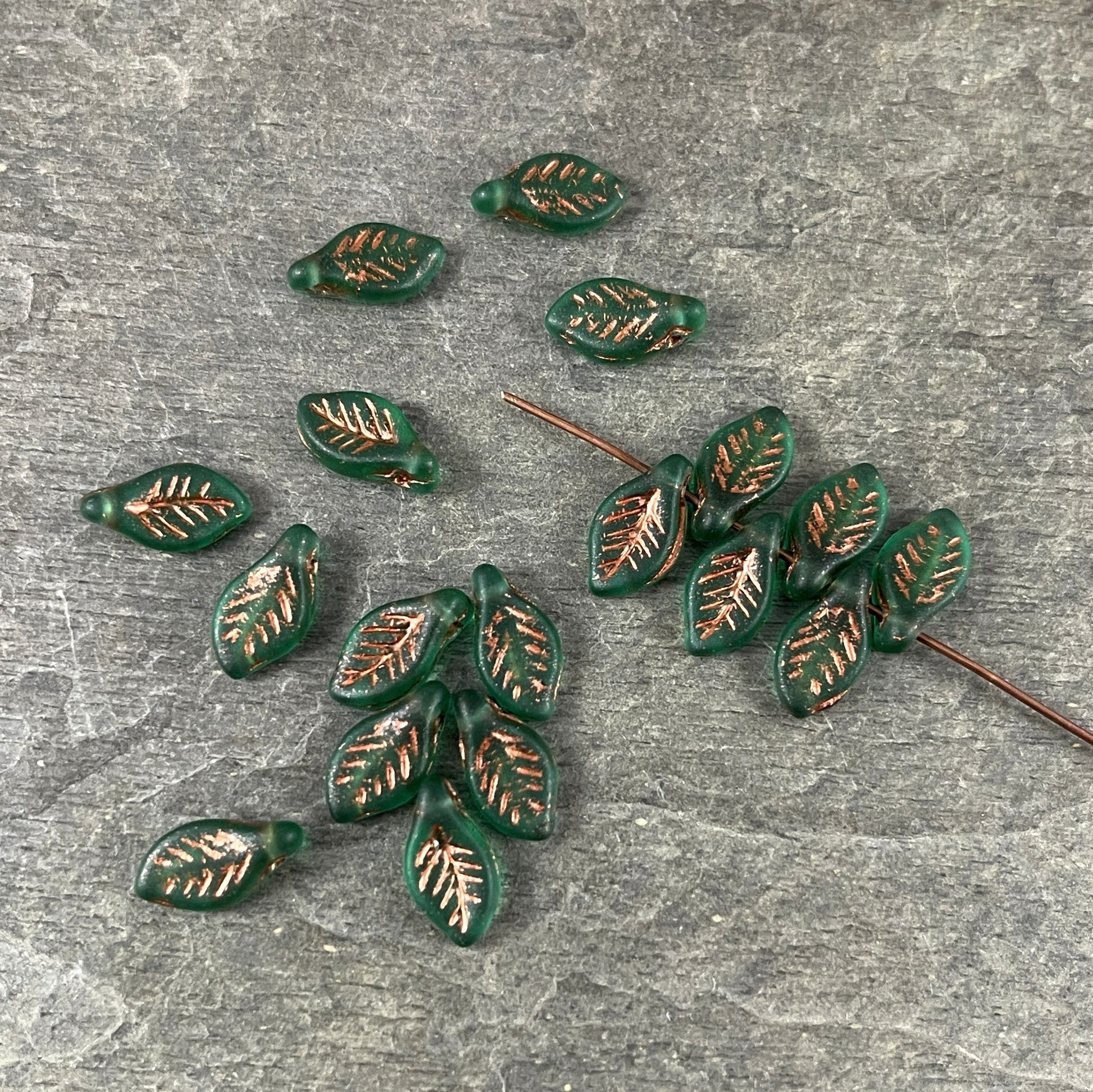 Czech Glass Beads - 12x6mm Briolette Leaf Beads, Matte Emerald Green Leaf Bead (Bay5) * 20 Beads