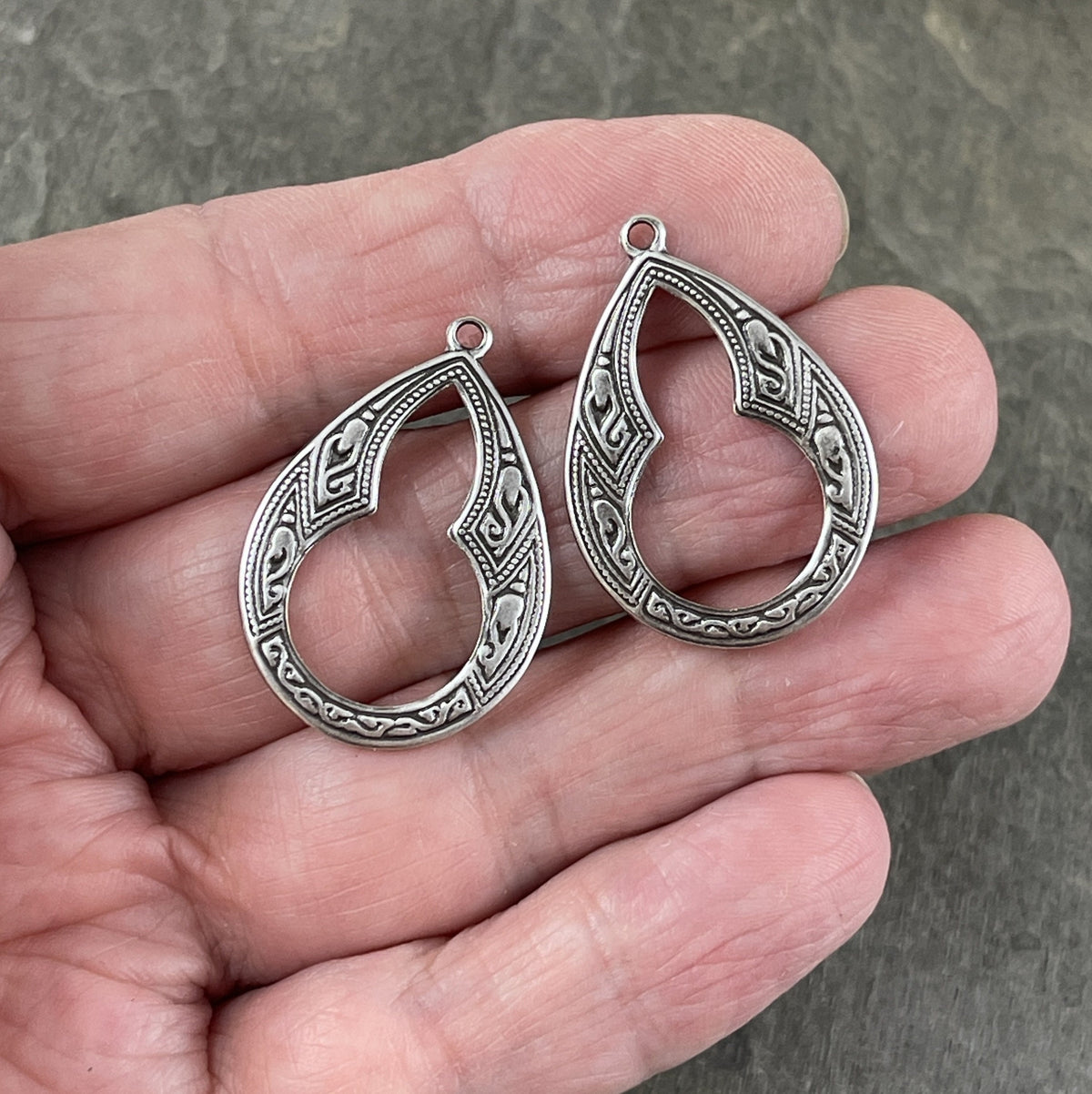 Moroccan Style 29mm Teardrop Charms, Oxidized Silver Plated Brass (M32s) * 1 Pair/Set