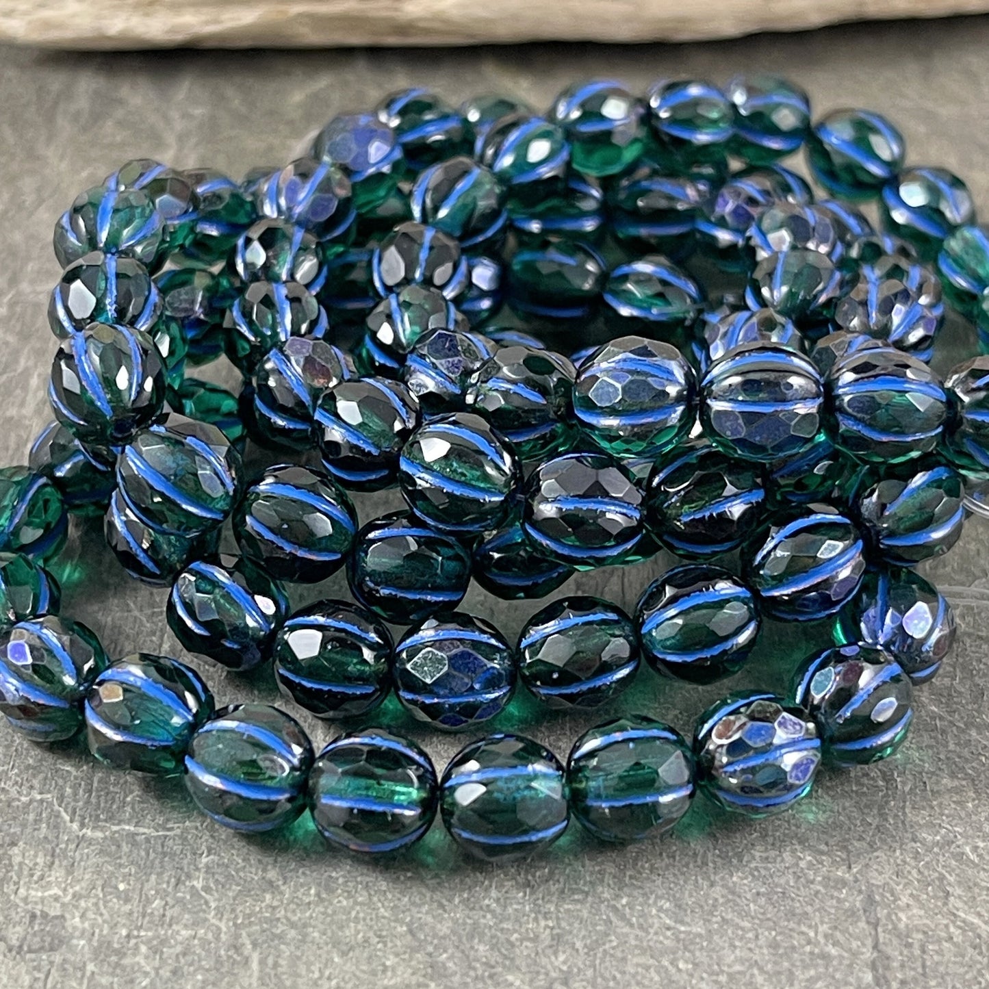 Czech Glass Beads - 8mm Faceted Blue Green Faceted Melon Shape Beads, Emerald and Cobalt with Blue Wash (8FM/N-1781) * Qty. 20
