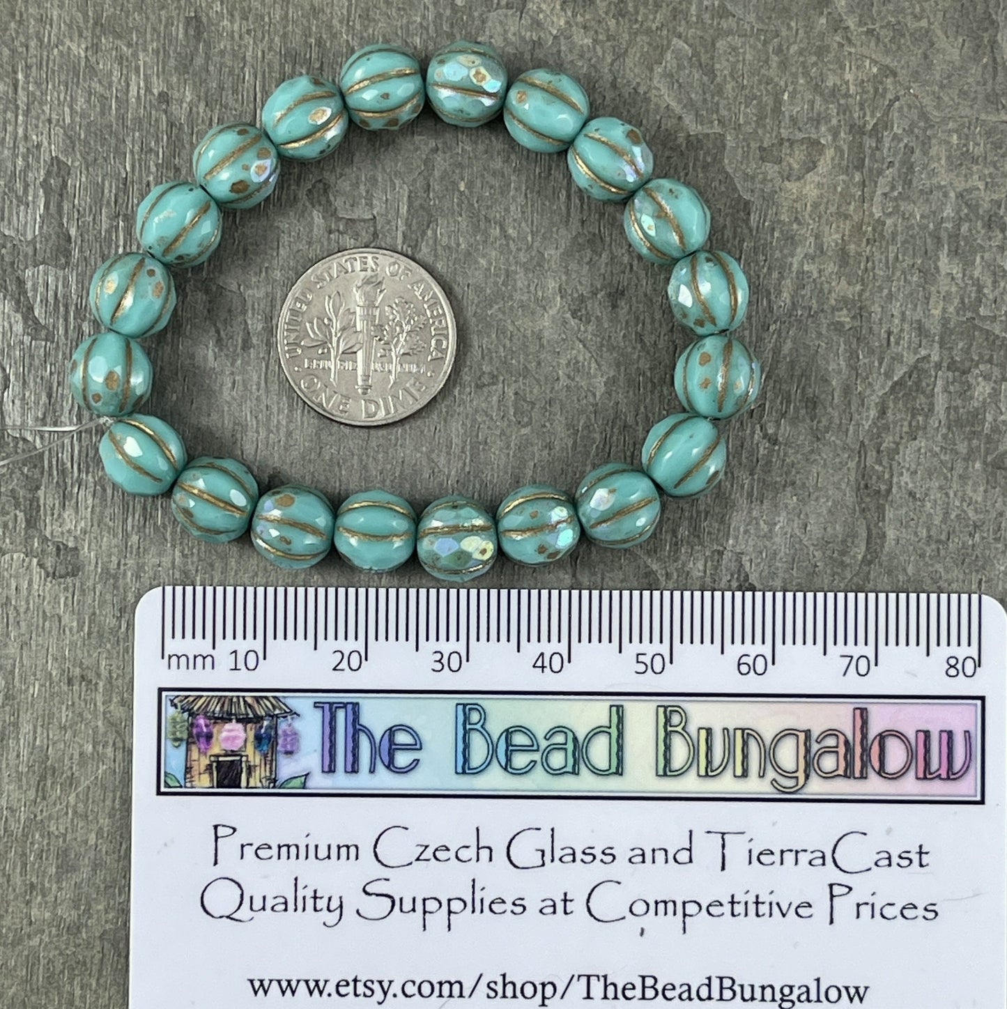 Czech Beads - 8mm Faceted Melon, Turquoise with AB and Gold Wash (8FM/N-1288) * 20 Beads