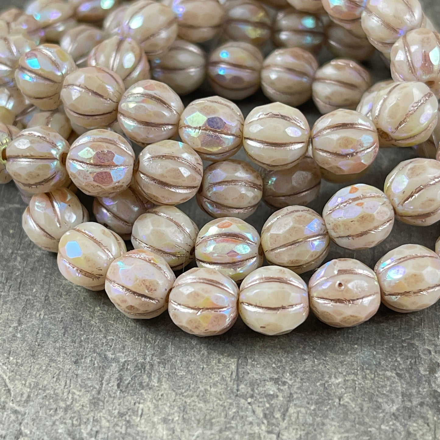 8mm Beige Faceted Melon Shape Bead with AB Finish ~ Czech Glass Beads ~ Beige with AB and Metallic Beige Wash (8FM/N-1779) * Qty. 10