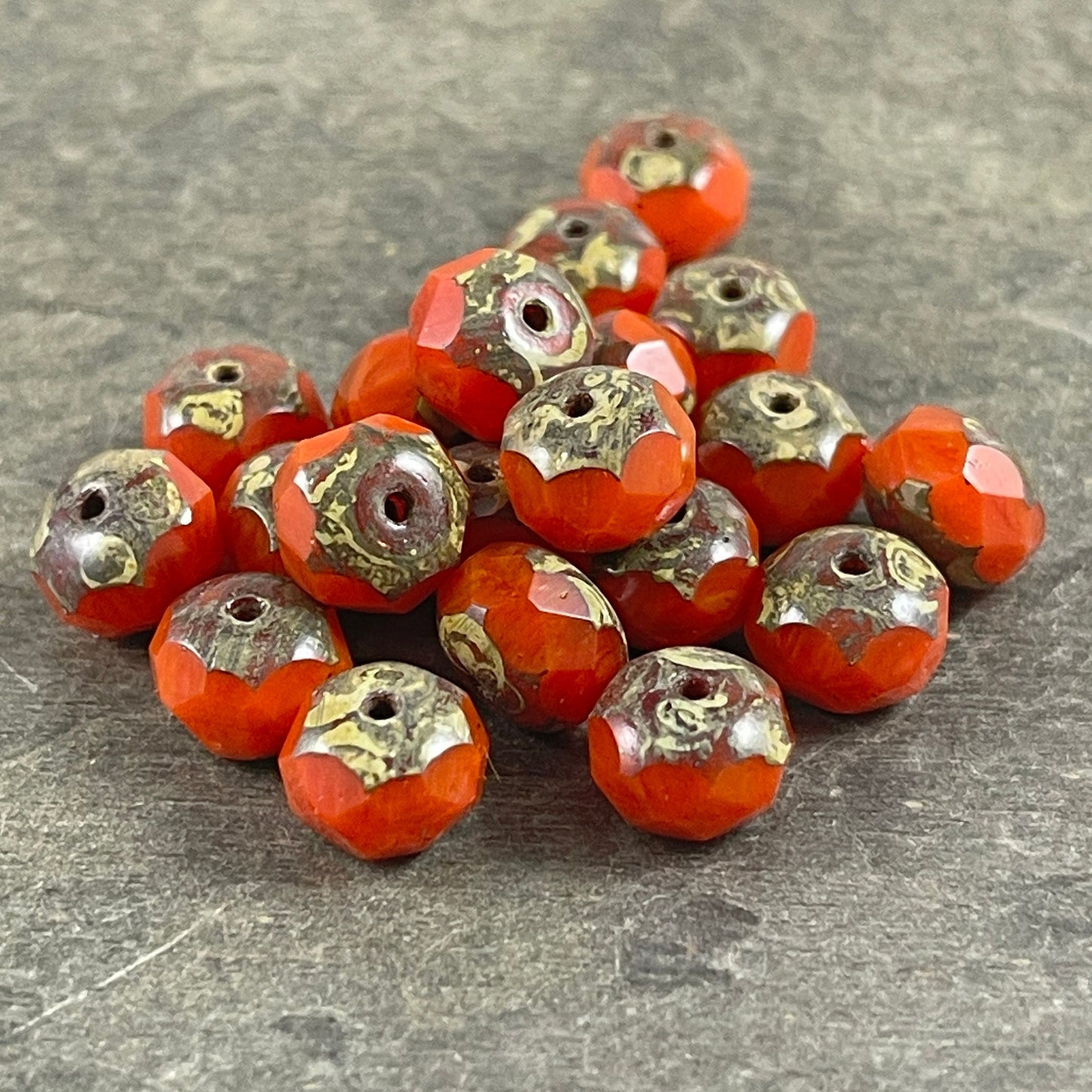 Czech Glass Beads - 8x6mm Faceted Rondelle, Opaque Real Orange Picasso Beads (R8/RJ-2211) * 25 Beads