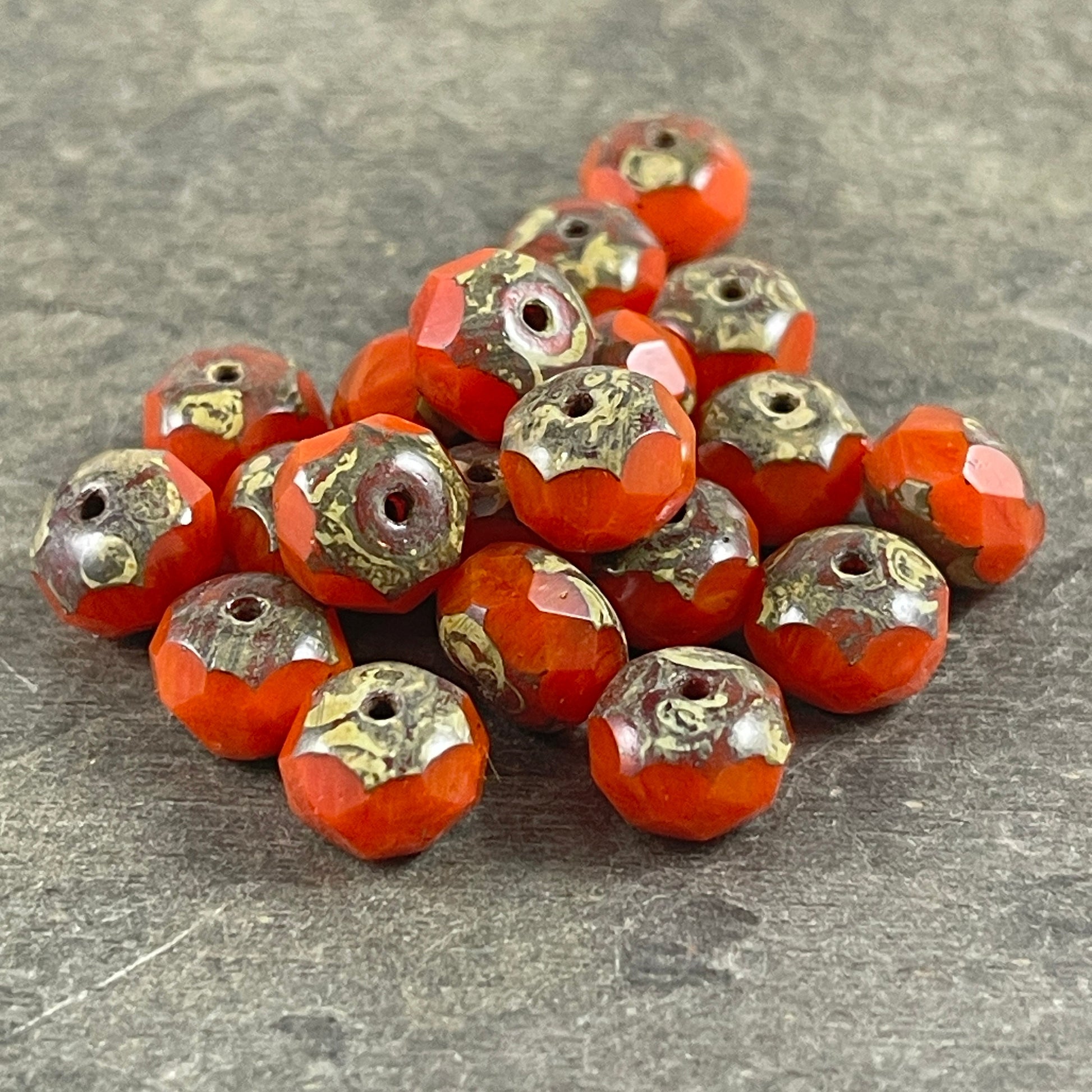 Czech Glass Beads - 8x6mm Faceted Rondelle, Opaque Real Orange Picasso Beads (R8/RJ-2211) * 25 Beads