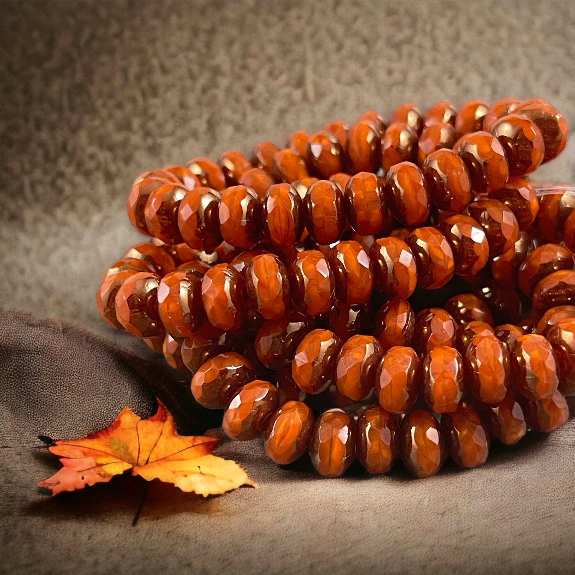 Czech Glass Beads - 5x7mm Opaque Orange Faceted Rondelle, Orange Opaline Glass with Bronze Picasso (R7/RJ-2758) * Qty. 25