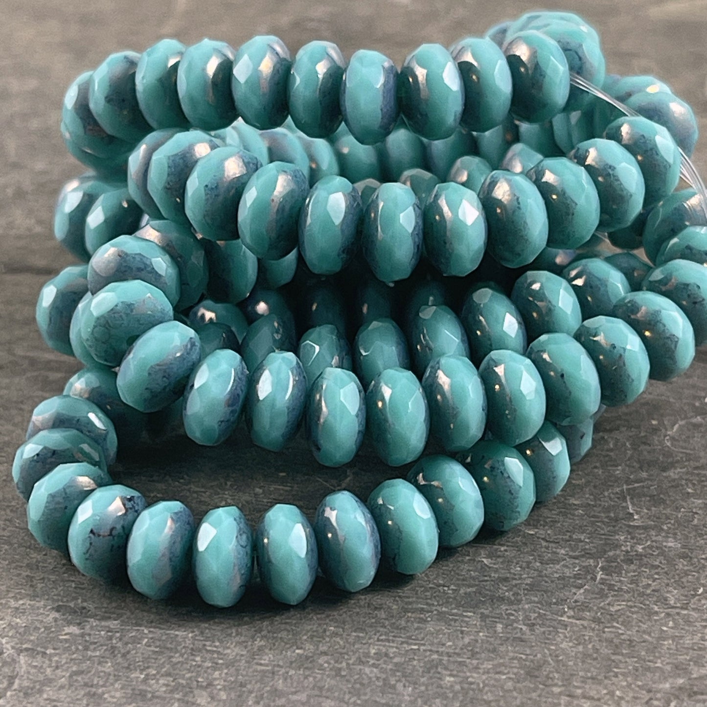 Czech Glass Beads - 7x5mm Faceted Rondelle, Turquoise Blue with Bronze Picasso (R7/RJ-2755) * Qty. 25