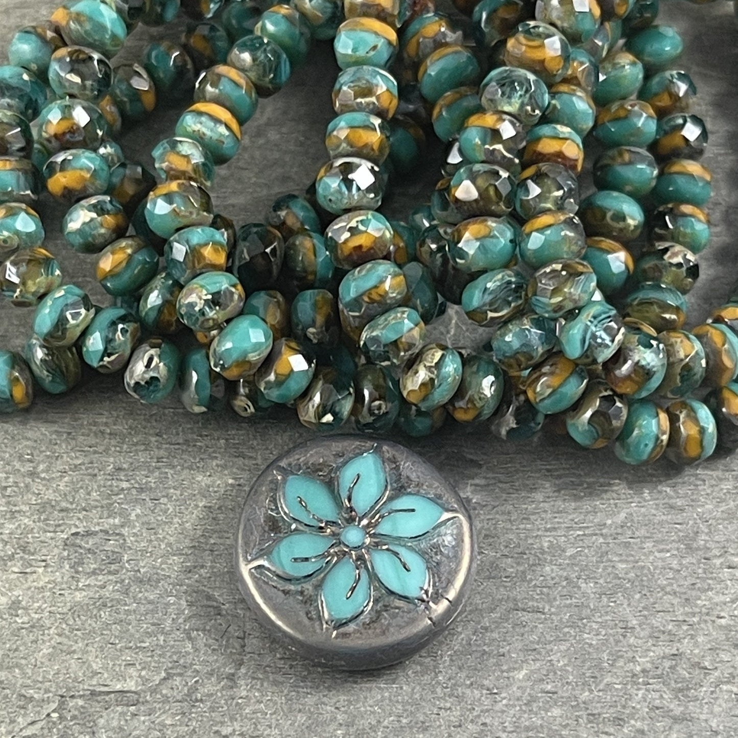 Czech Glass Beads - Turquoise Green, Orange and Aqua 5x3mm Rondelle, Multi-Color Faceted Rondelles (R5/RJ-2698) * Qty. 30