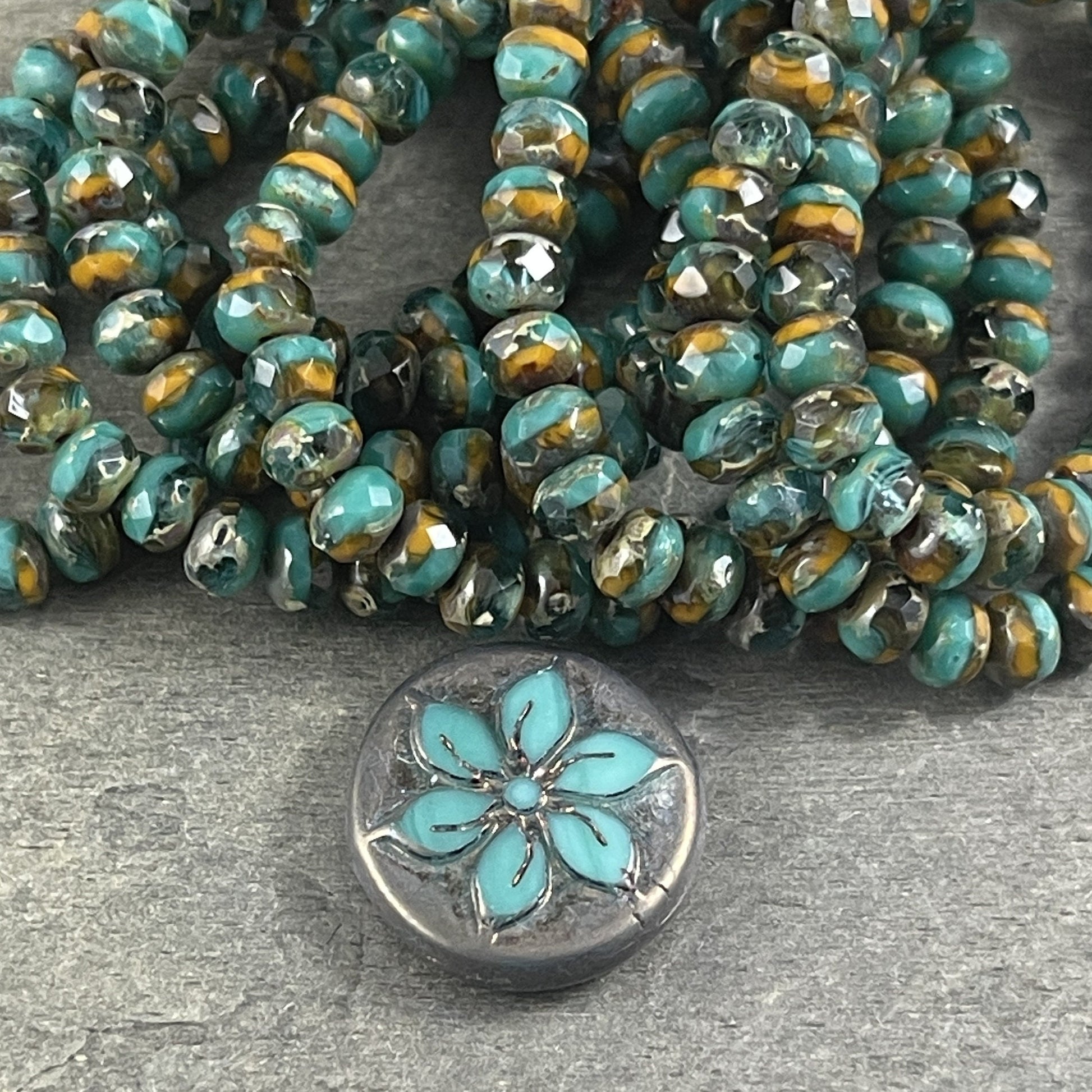 Czech Glass Beads - Turquoise Green, Orange and Aqua 5x3mm Rondelle, Multi-Color Faceted Rondelles (R5/RJ-2698) * Qty. 30