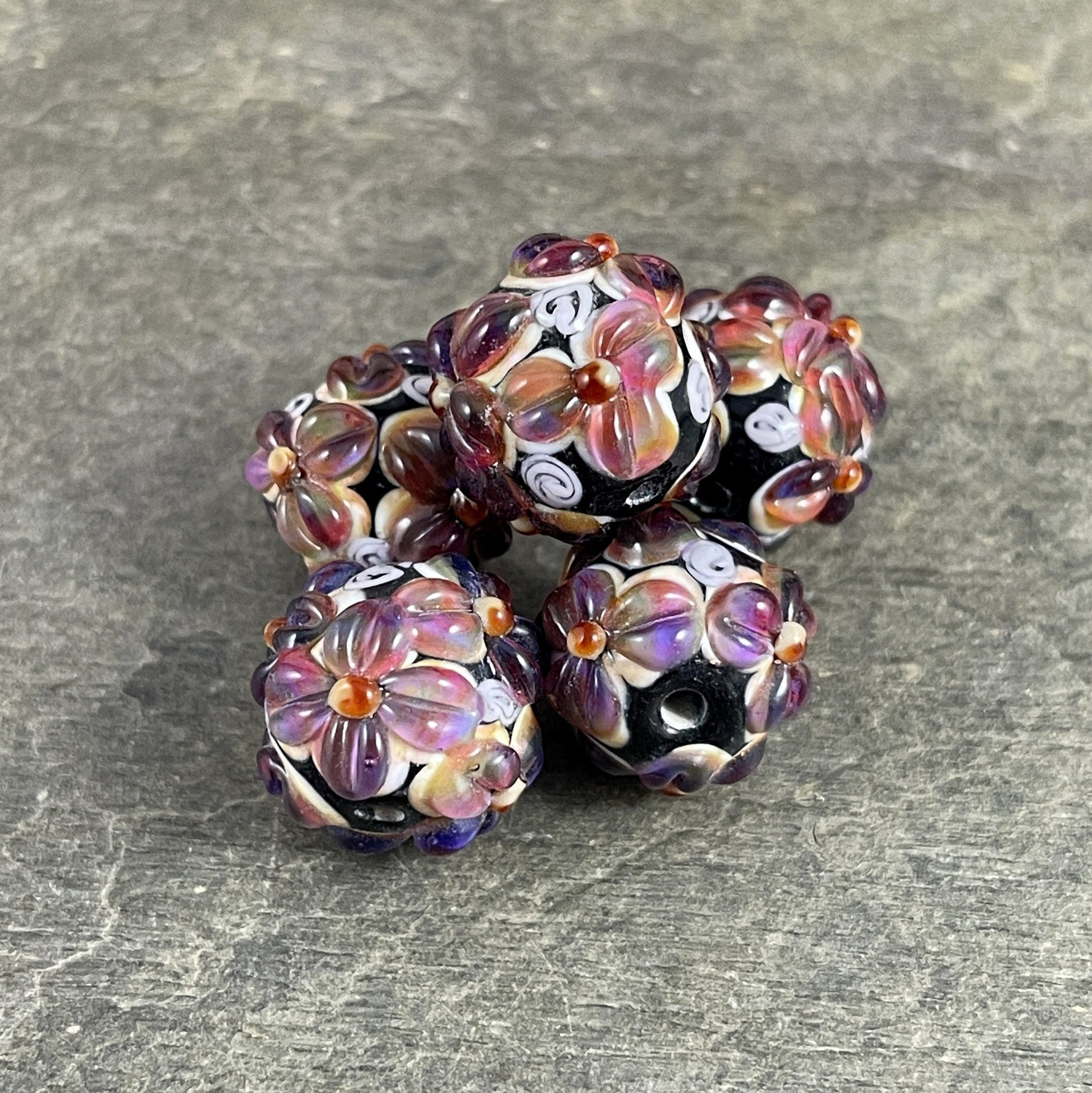 Lavender and Black Lampwork Beads, Two-tone Flower Beads, 14mm Round Floral Theme Beads * Qty. 2
