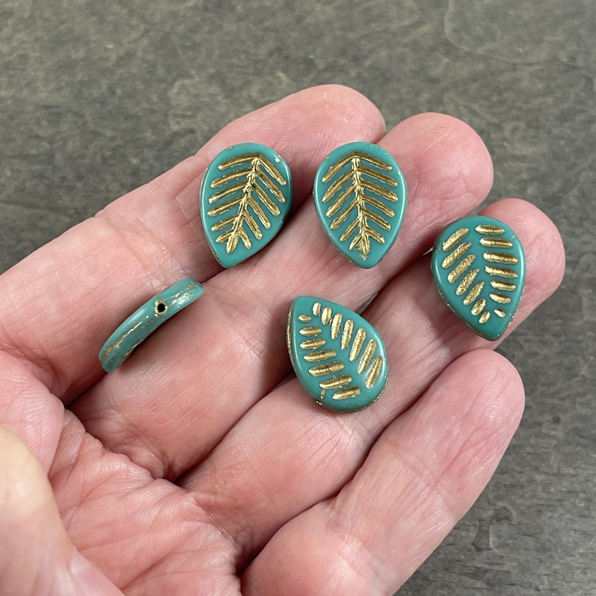 Czech Glass Beads - Briolette Dogwood Leaf Beads, 16x12mm Turquoise Leaf Beads, Opaque Turquoise with Gold Wash (L/N-1022) * Qty. 8