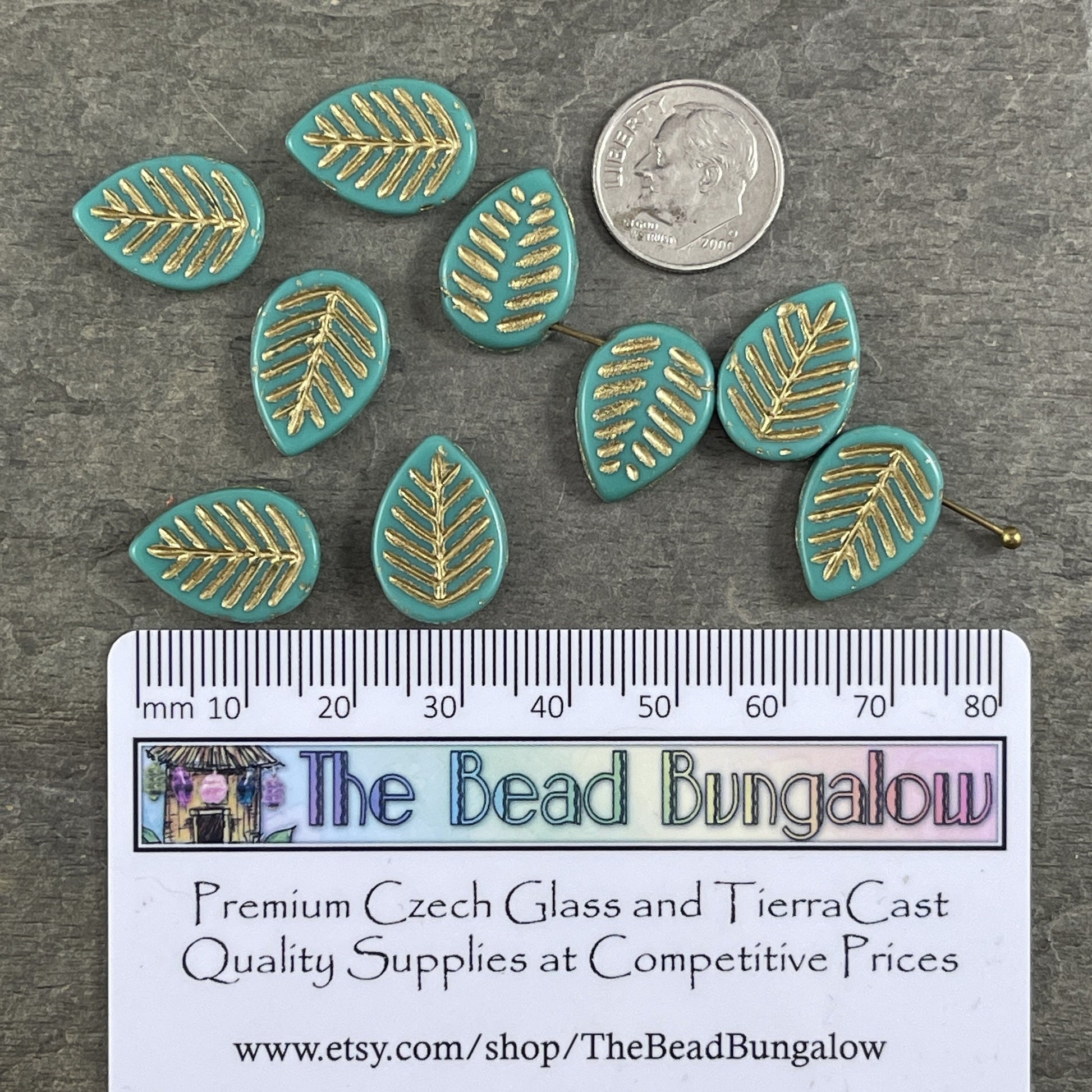 Czech Glass Beads - Briolette Dogwood Leaf Beads, 16x12mm Turquoise Leaf Beads, Opaque Turquoise with Gold Wash (L/N-1022) * Qty. 8