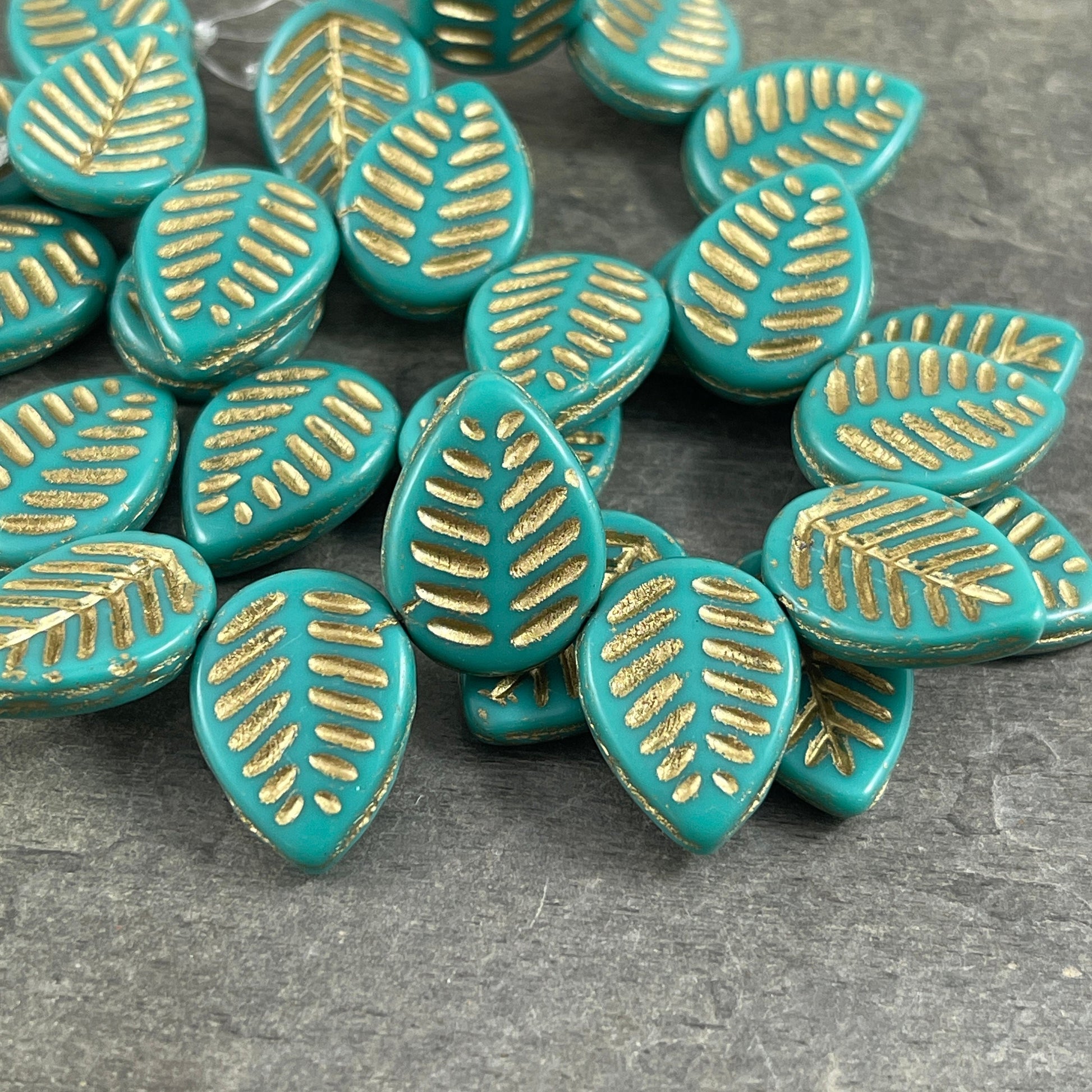 Czech Glass Beads - Briolette Dogwood Leaf Beads, 16x12mm Turquoise Leaf Beads, Opaque Turquoise with Gold Wash (L/N-1022) * Qty. 8